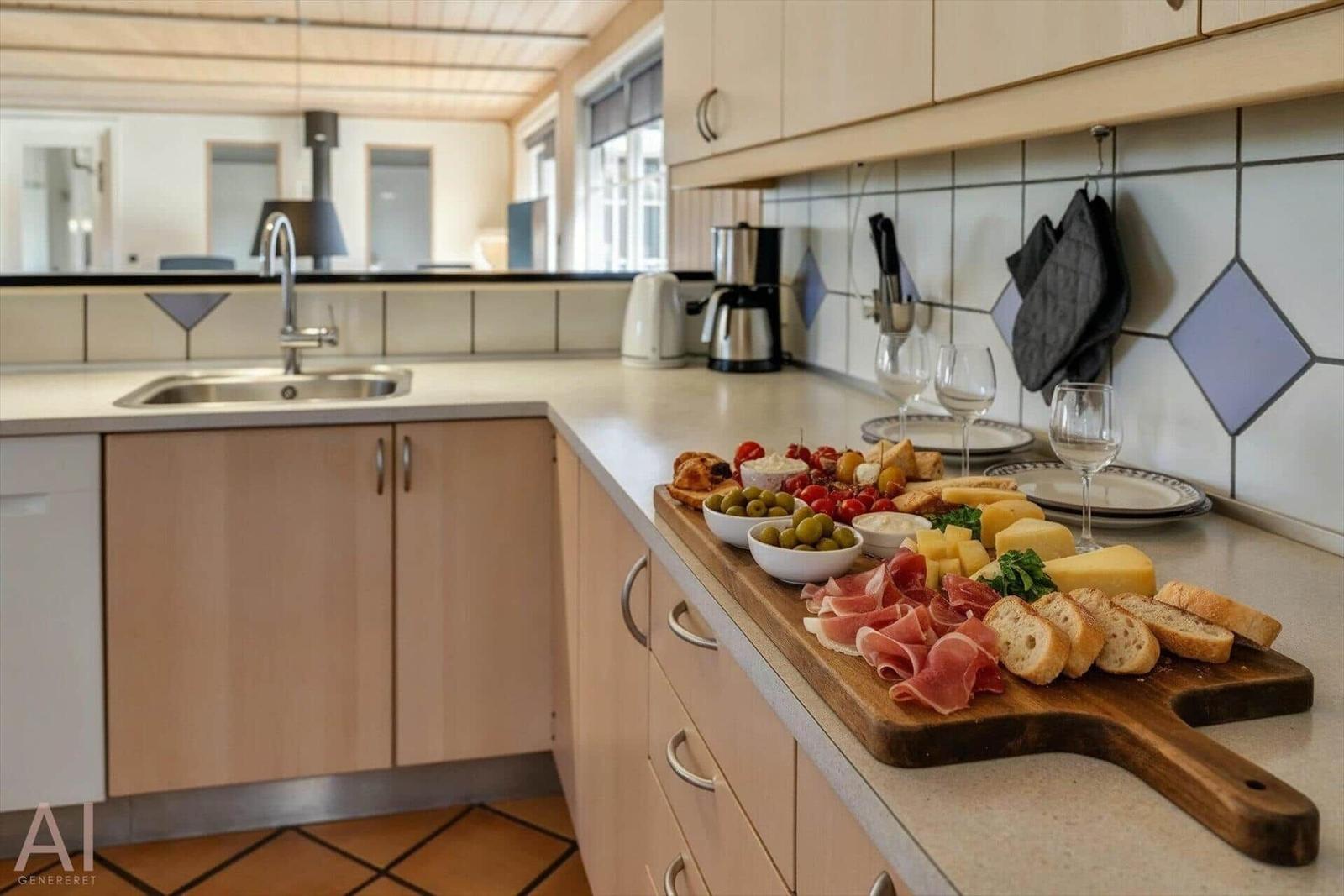 Kitchen with fruit, cheese, bread, and wine on wooden board.