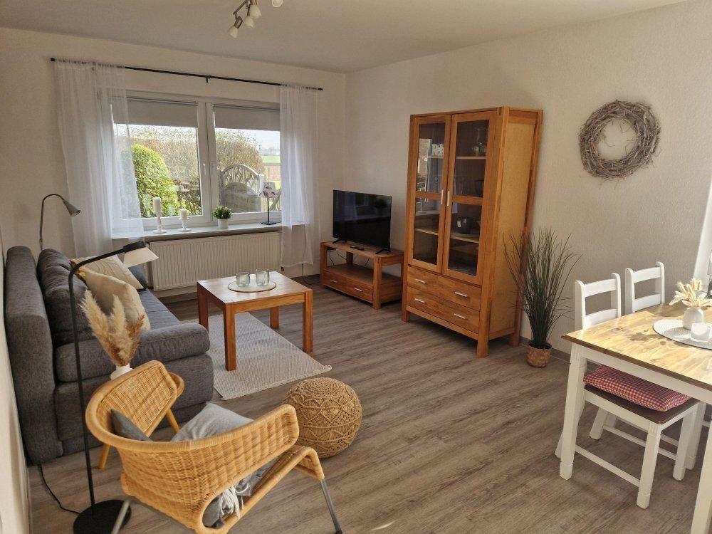 Wohnzimmer mit Sofa, Esstisch und Küchenmöbel. Holzmöbel und Fenster mit Blick.
