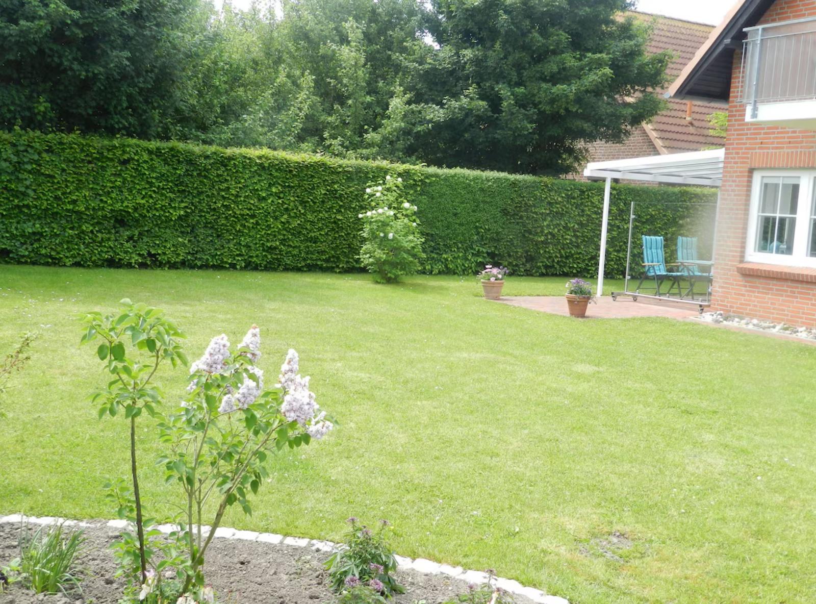 Hinterhof mit Rasen, Hecke und Terrasse mit Stühlen.