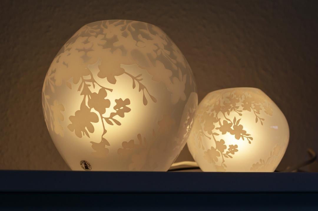 Zwei beleuchtete Lampen mit Blumenmustern auf einer Oberfläche.