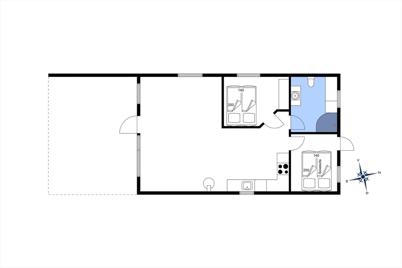 Wohnung mit Küche, Bad und zwei Schlafzimmern mit Schlafcouch.