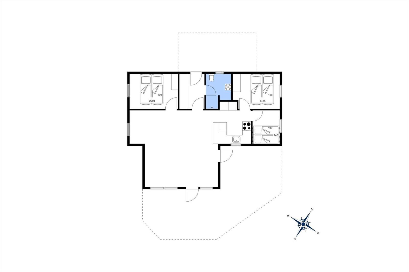 Zwei Schlafzimmer, Küche, Bad und Wohnbereich mit Kompass.