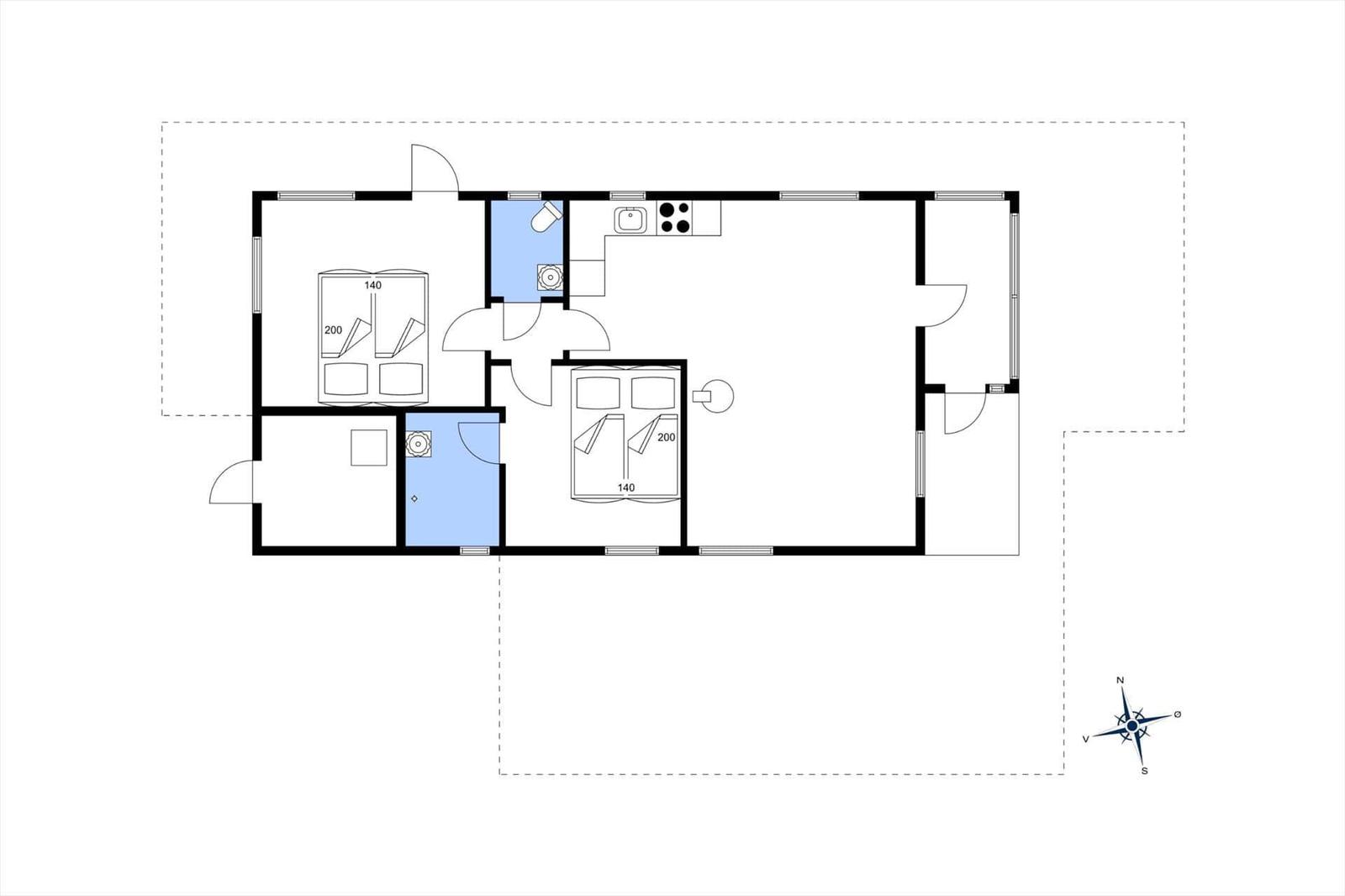 Zwei Schlafzimmer, Küche und Bad in einem Wohnungsbereich.