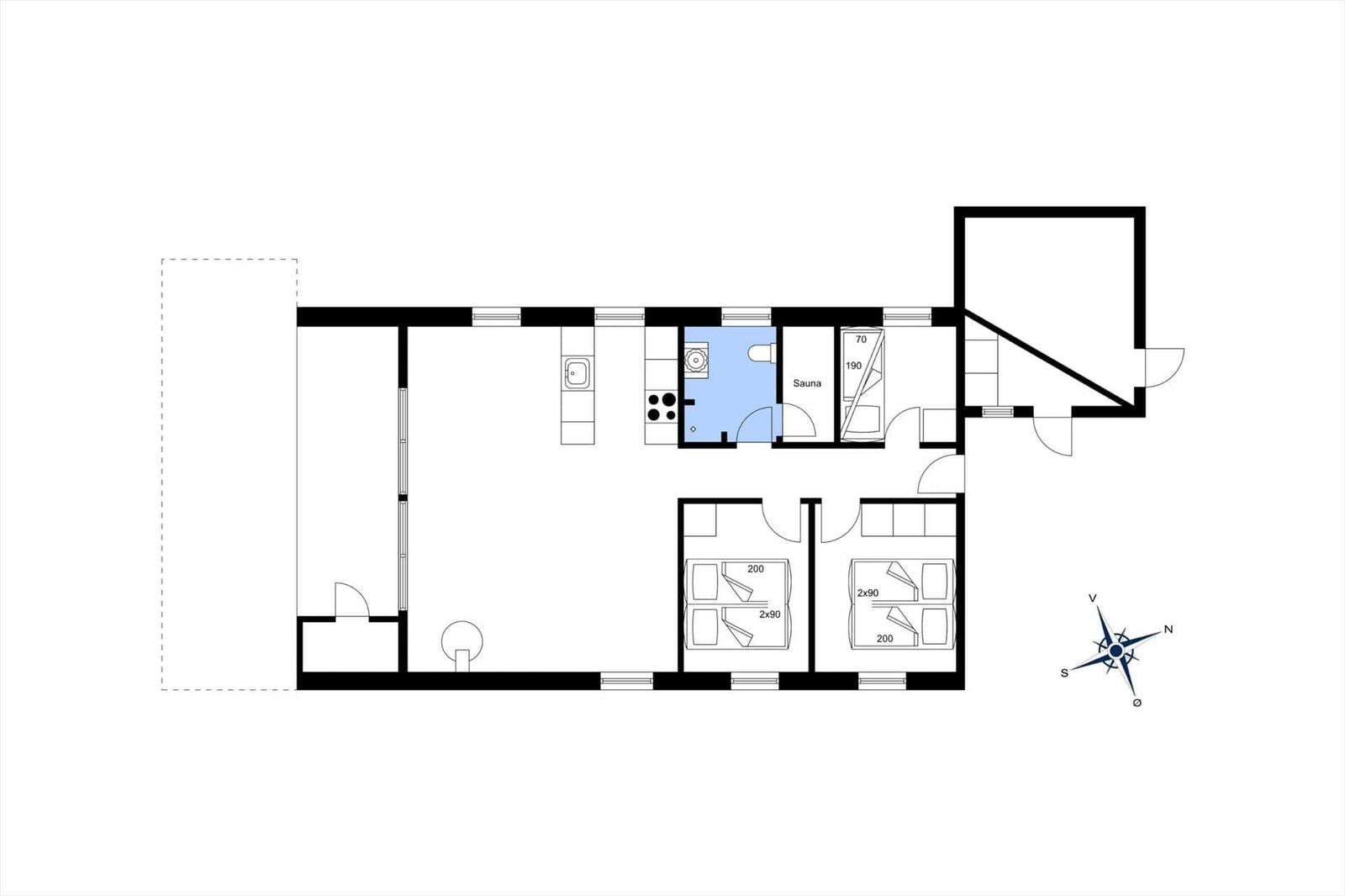 Wohnung mit zwei Schlafzimmern, Küche, Bad und Sauna. Raumübersicht mit Orientierung.