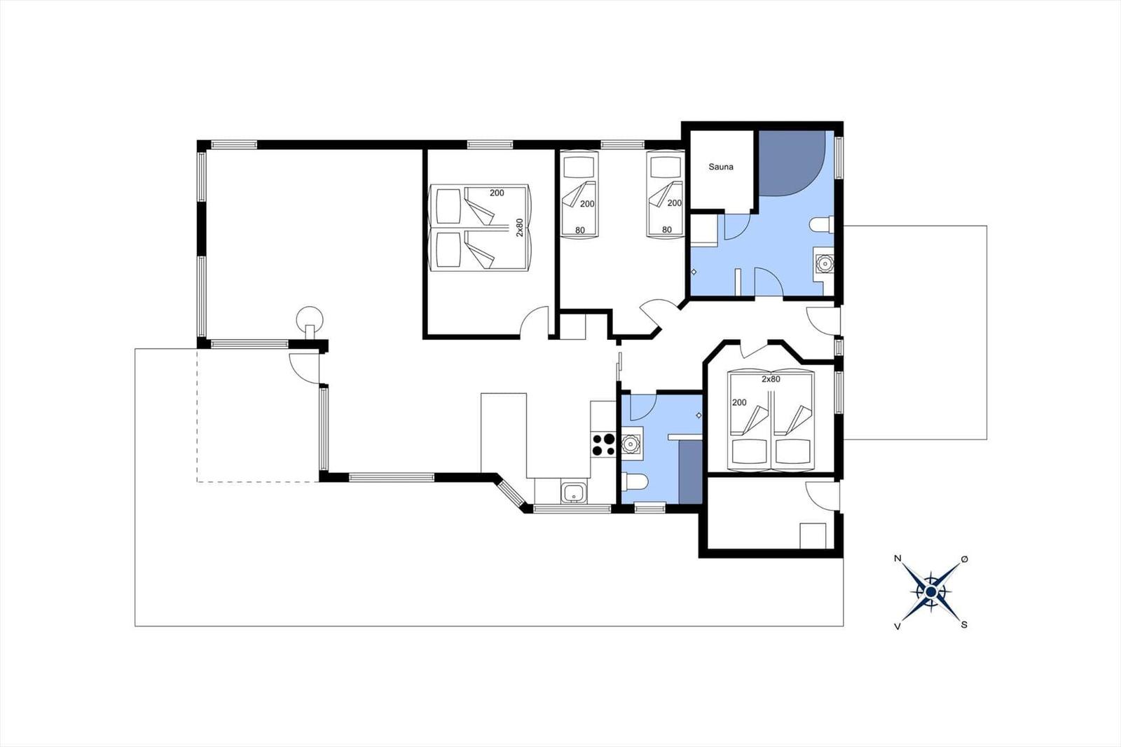 Dieses Haus hat drei Schlafzimmer, eine Sauna und eine Küche.