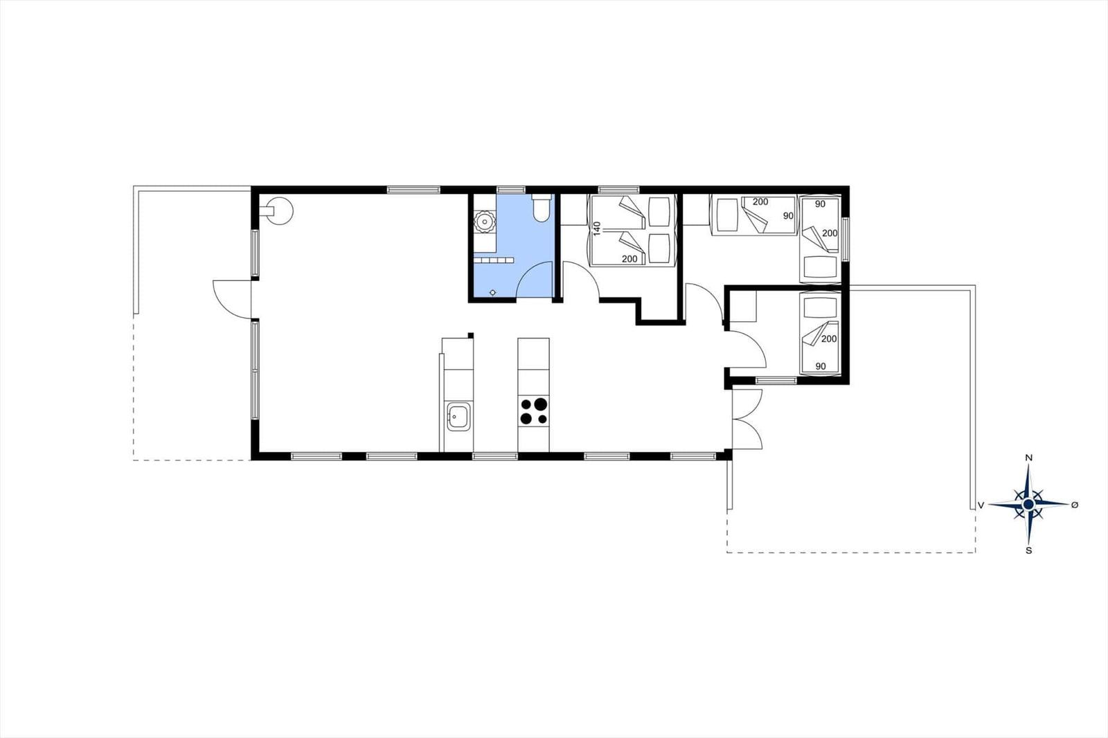 Wohnung mit Küche, Bad, Schlafzimmer und Wohnbereich. Orientierung mit Kompass.