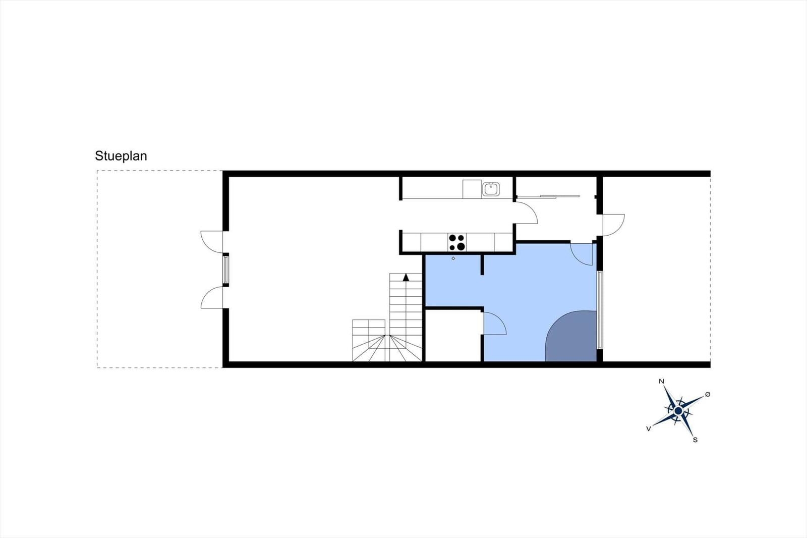 Stueplan zeigt Küche, Bad und Treppenhaus mit Richtungsnordmarkierung.