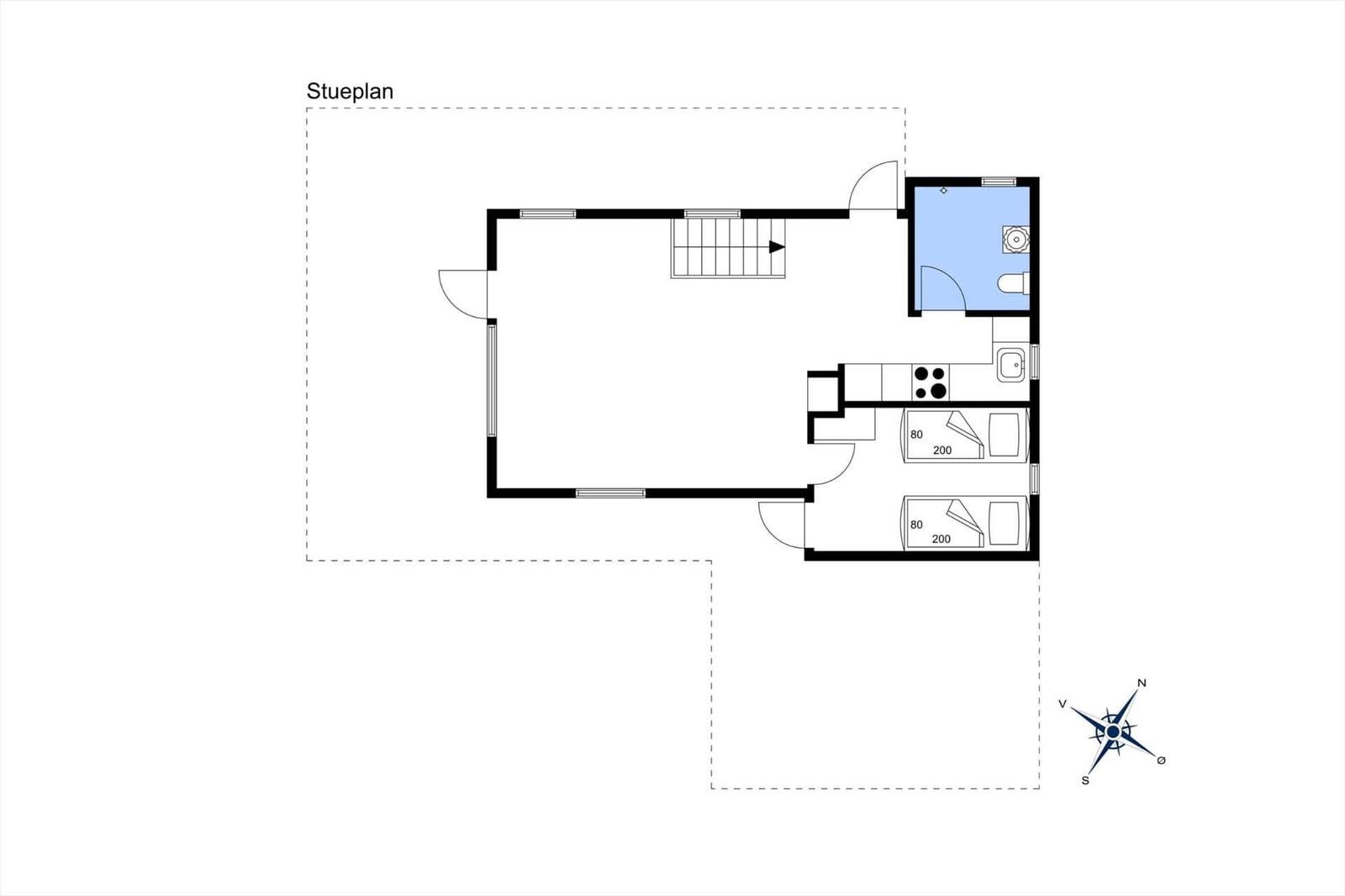 Stueplan zeigt zwei Schlafzimmer, Küche, Bad und Treppenhaus.