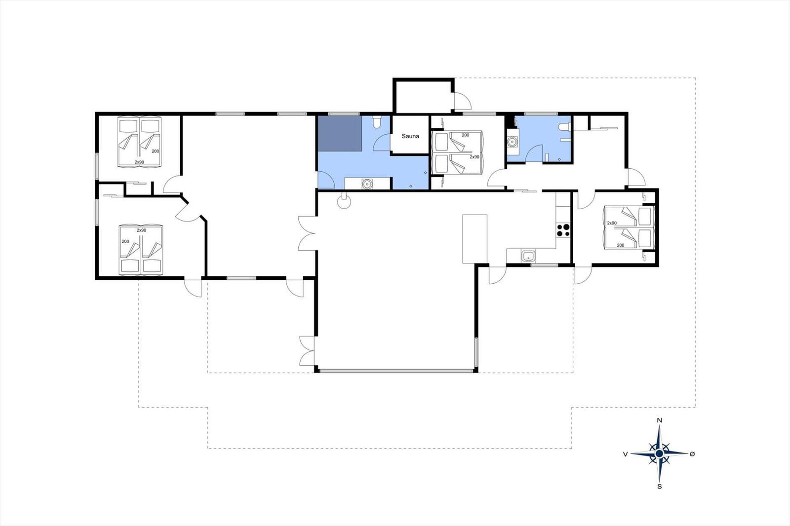Dieses Grundrissbild zeigt eine Wohnung mit Sauna, drei Schlafzimmern und einer Küche.