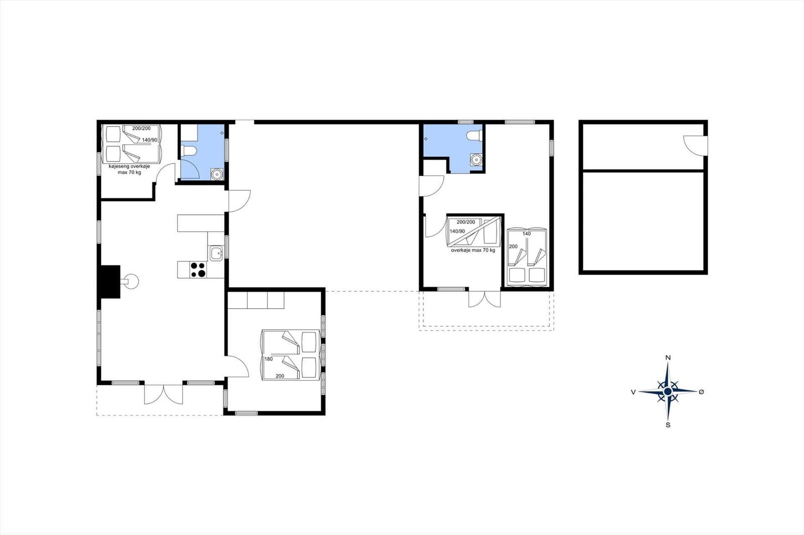 Wohnung mit drei Schlafzimmern, Küche und zwei Bädern. Flur mit Treppe zur Garage.