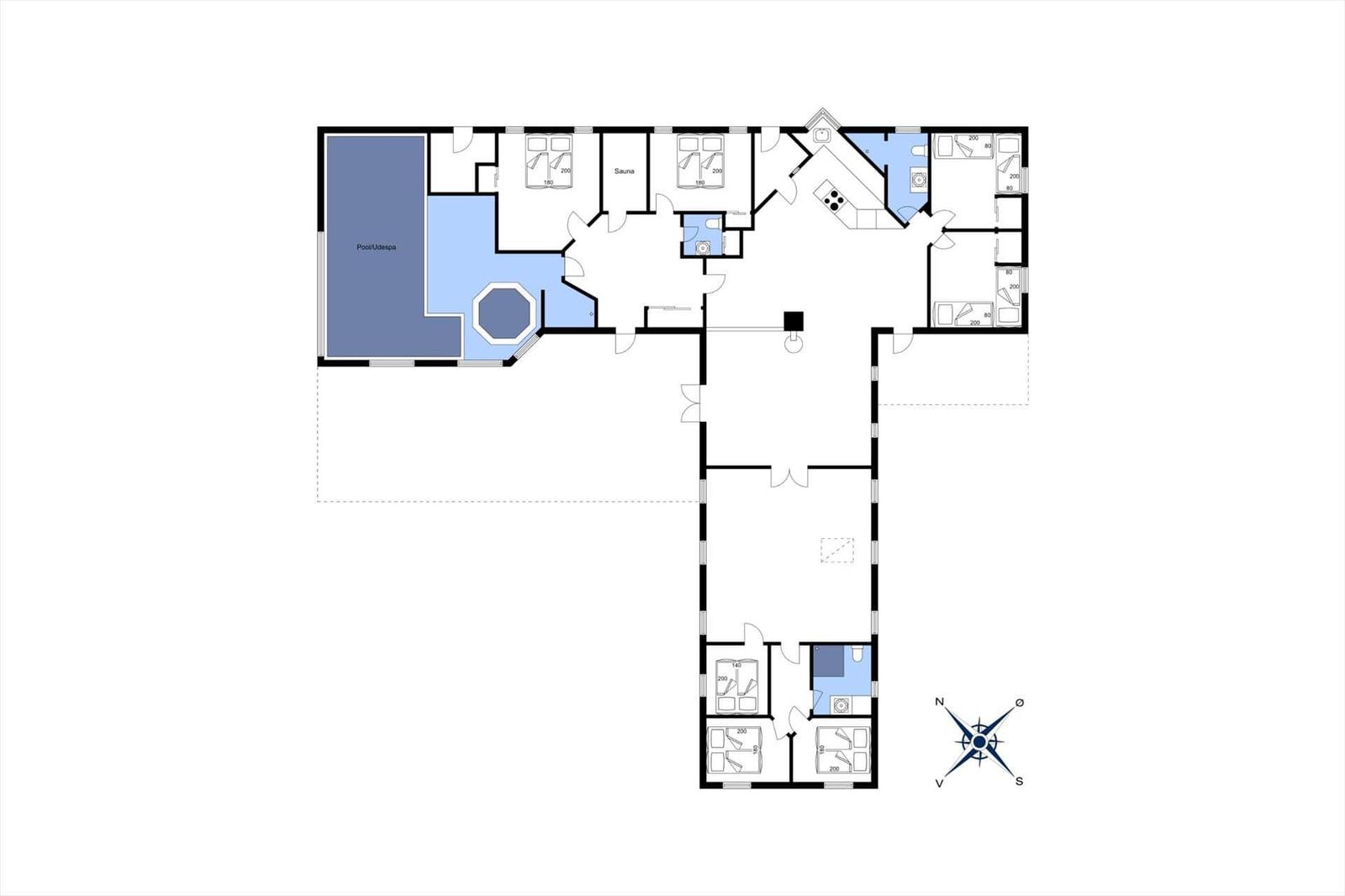 Dieses Grundrissbild zeigt eine Ferienwohnung mit Pool, Sauna und mehreren Schlafzimmern.