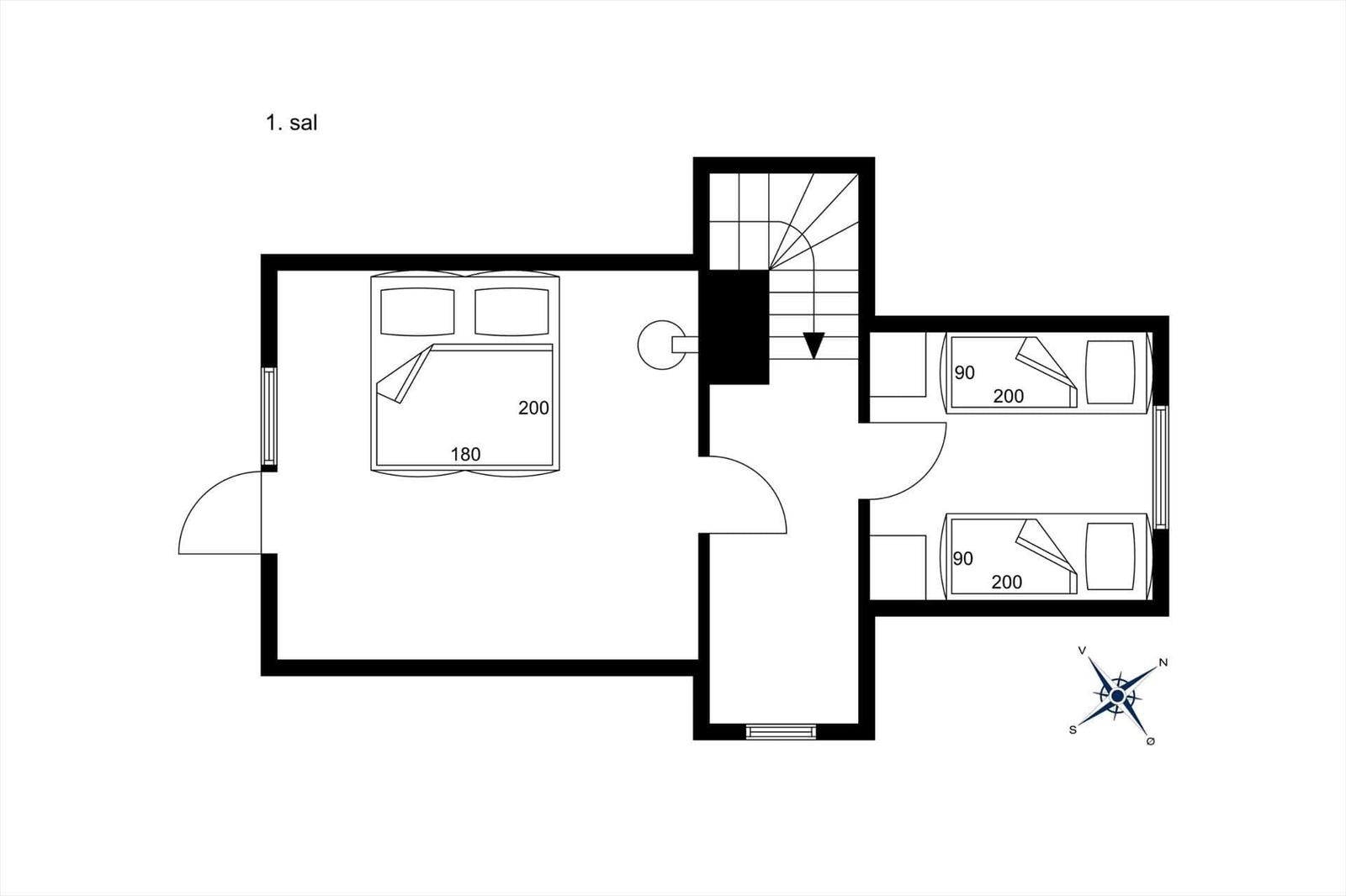 Ground floor with bedroom, two bedrooms, and staircase to upper floor.