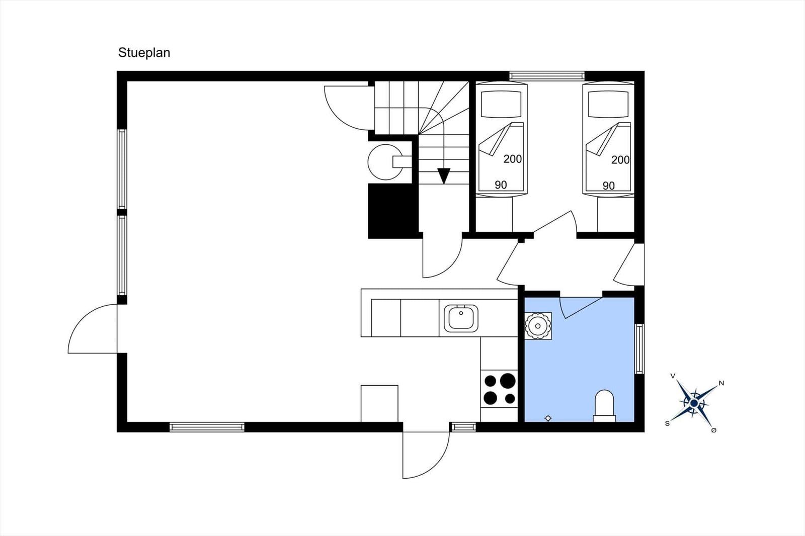Floor plan shows two bedrooms, kitchen, and bathroom with stairs.