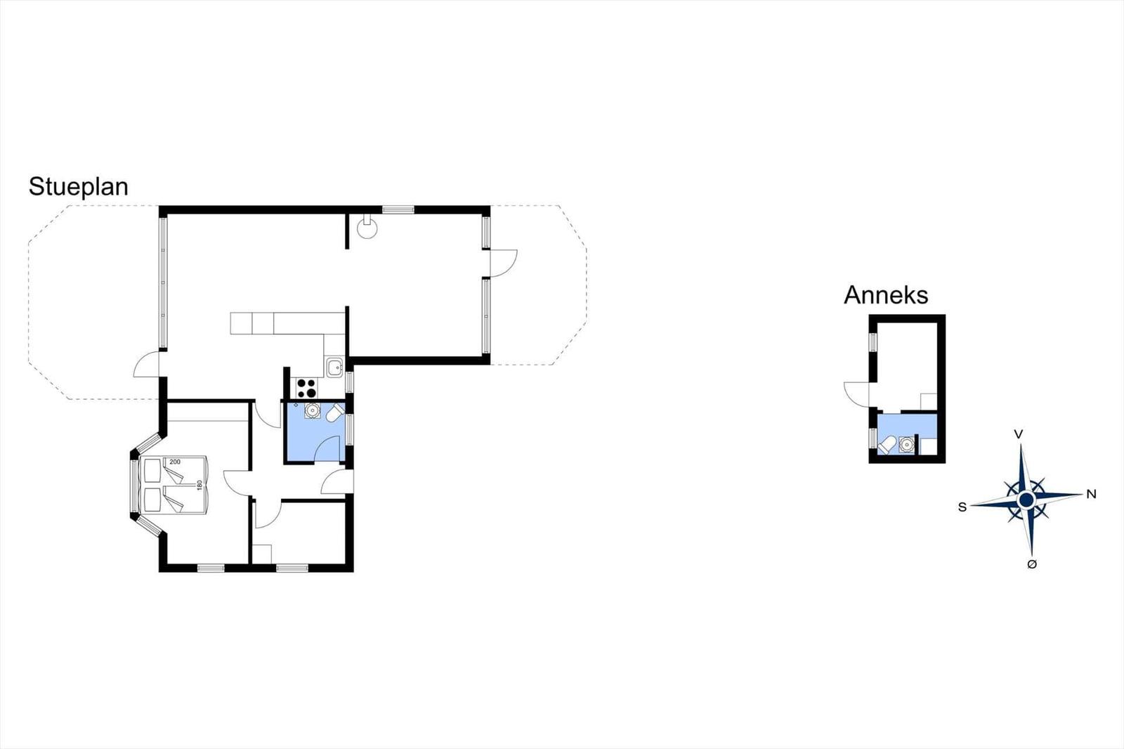 Stueplan und Annek mit Raumbelegung und Orientierung
