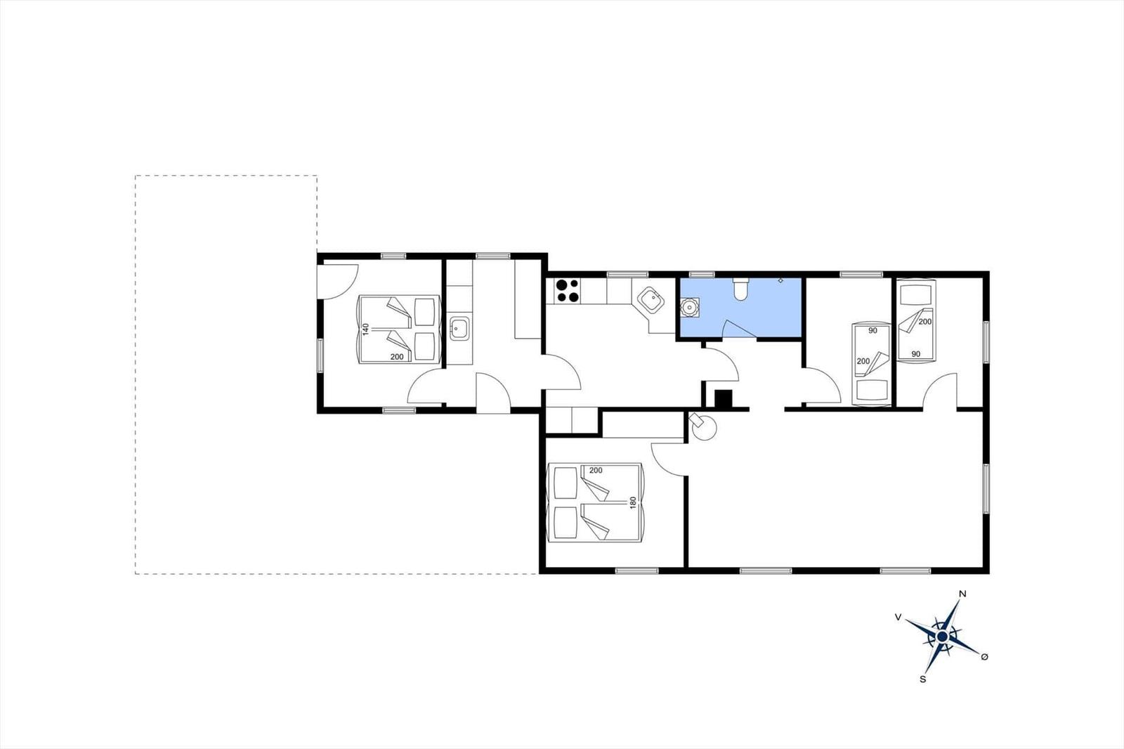 Wohnung mit drei Schlafzimmern, Küche und Bad. Flur und Wohnbereich sind großzügig.
