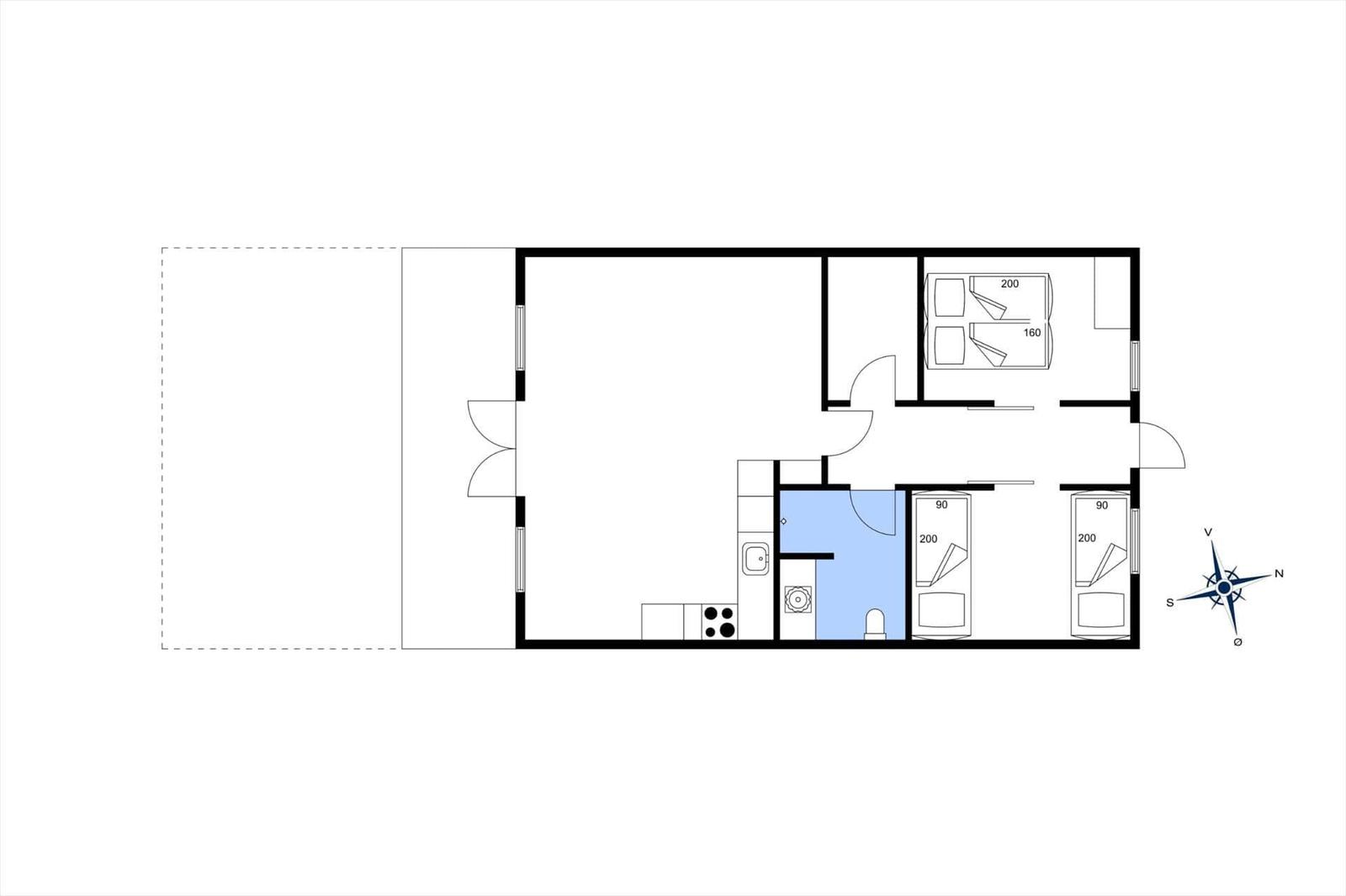 Apartment with kitchen, bathroom, and three bedrooms with beds.
