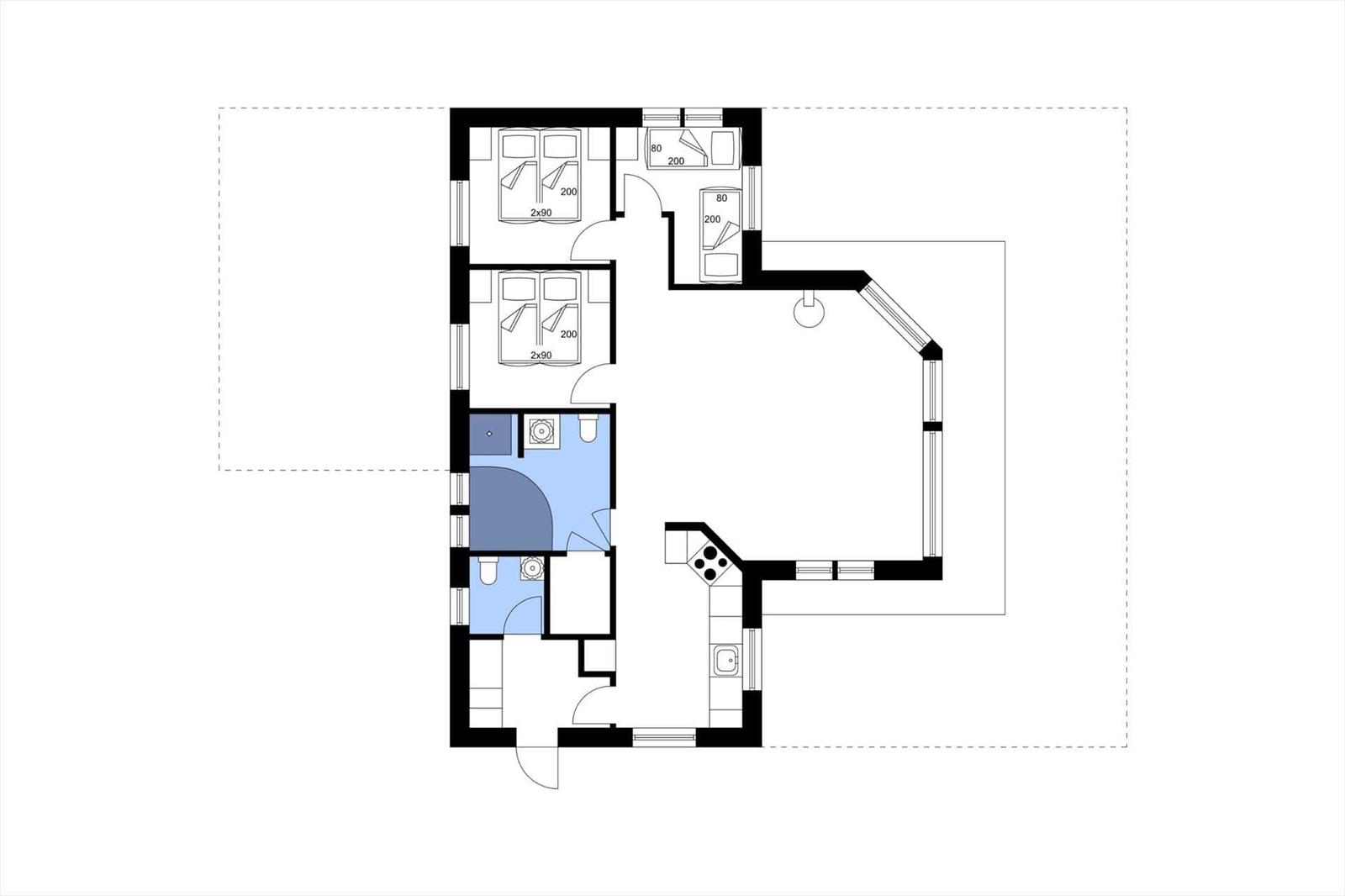 Zwei Schlafzimmer, eine Küche, ein Bad und ein Wohnbereich sind im Grundriss dargestellt.