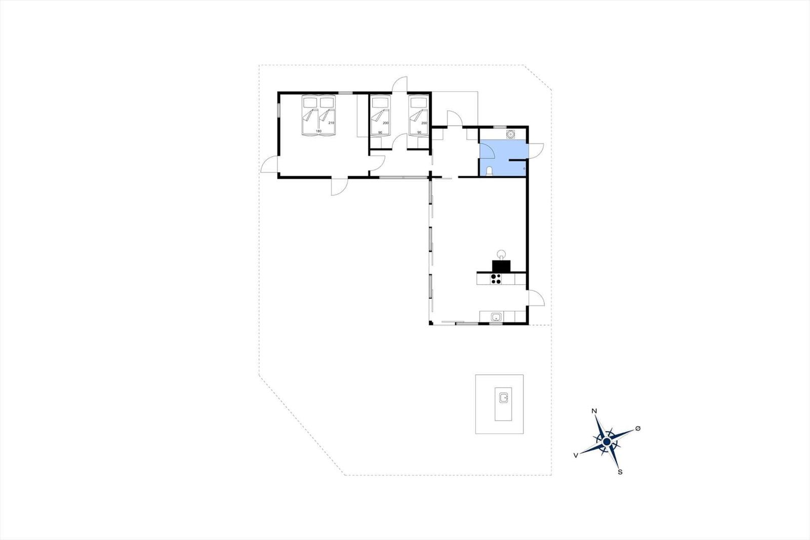 Wohnung mit drei Schlafzimmern, Küche und Bad. Nord-Süd-Ausrichtung.