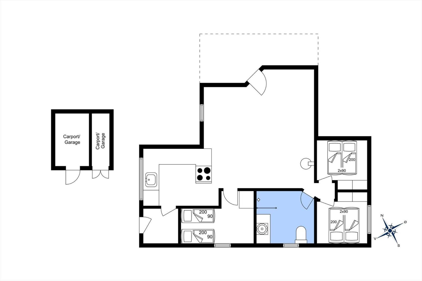 Wohnung mit Küche, Schlafzimmer und Bad. Außenbereich mit Carport.