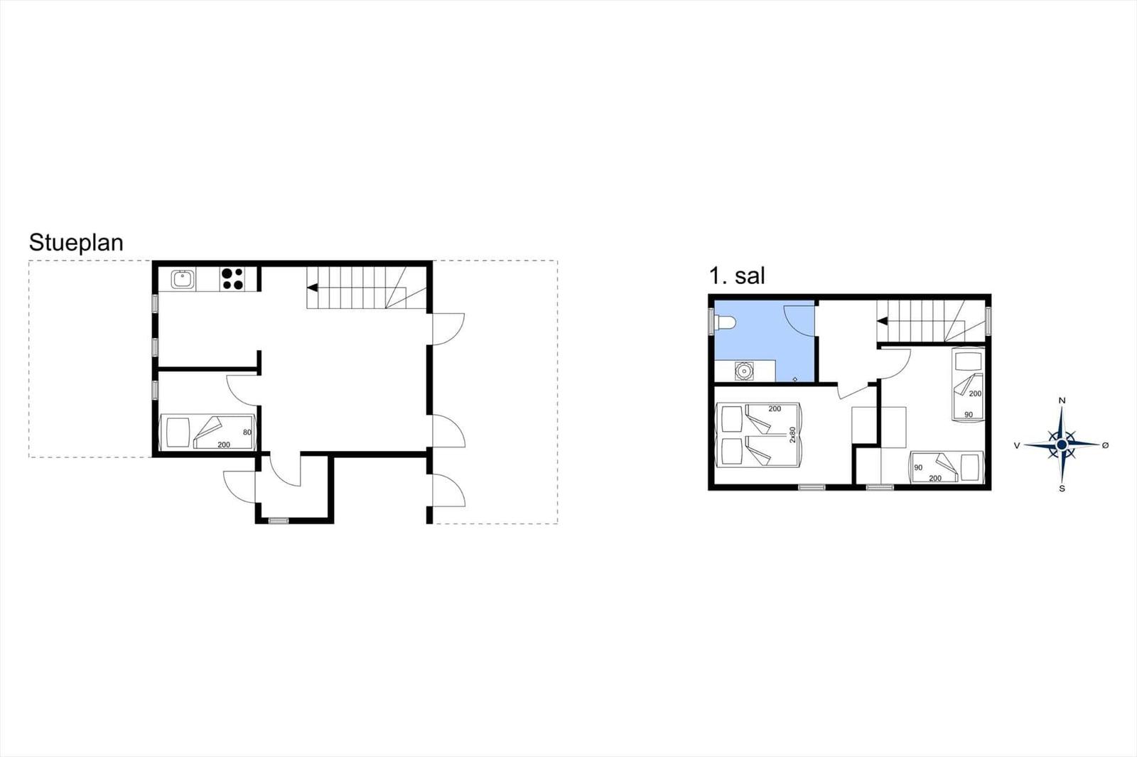 Stueplan und 1. sal mit Schlafzimmer, Bad und Küche.
