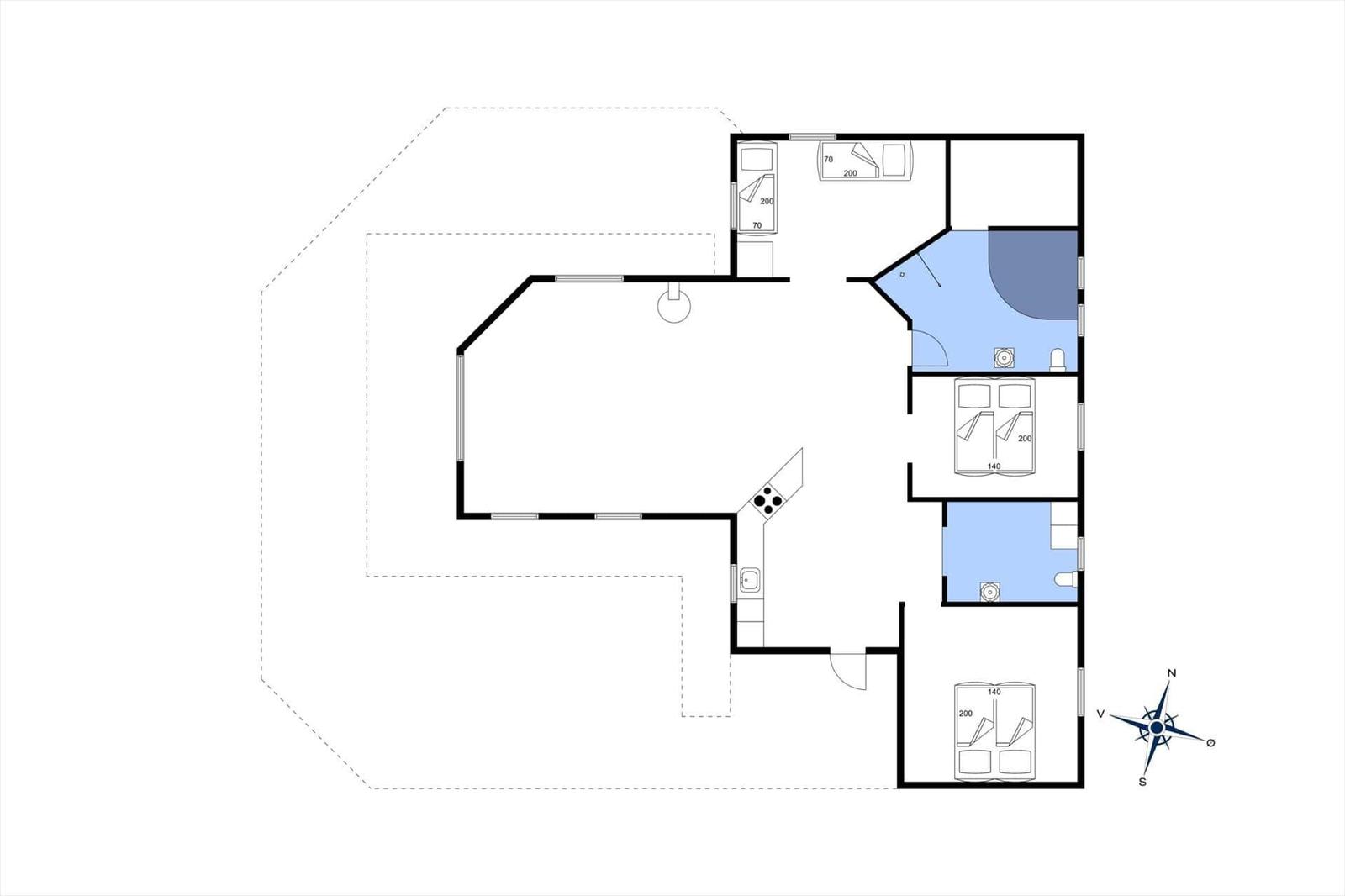 Dieses Apartment hat drei Schlafzimmer, eine Küche und zwei Badezimmer.