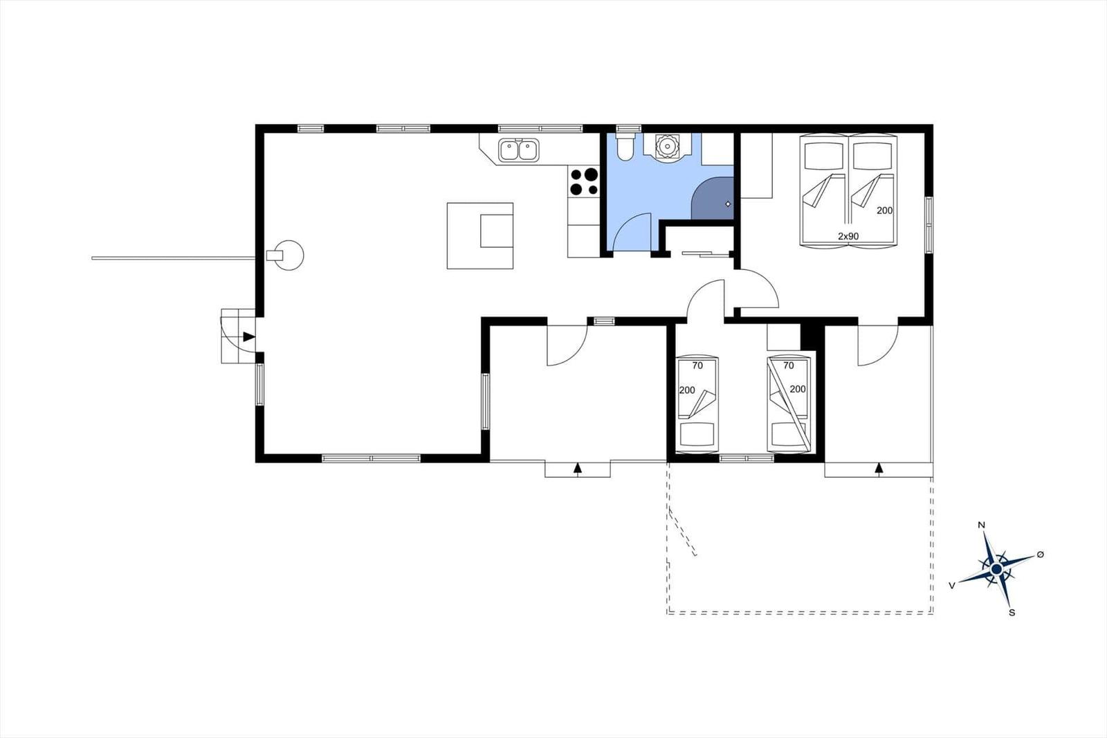 Wohnung mit Küche, Bad, Schlafzimmer und Wohnbereich. Raumbelegung: 2x90, 2x70.