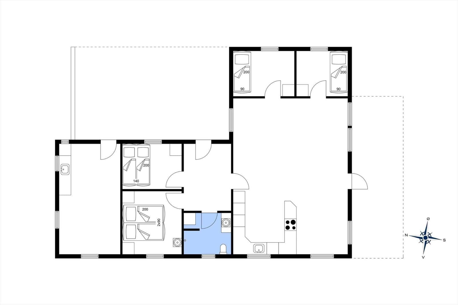 Wohnung mit drei Schlafzimmern, Küche und Bad. Grundriss mit Raumbezeichnungen.
