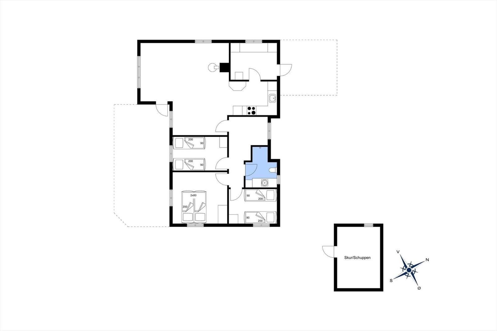 Funktionaler Grundriss mit Küche, Bad, Schlafzimmern und Garage.