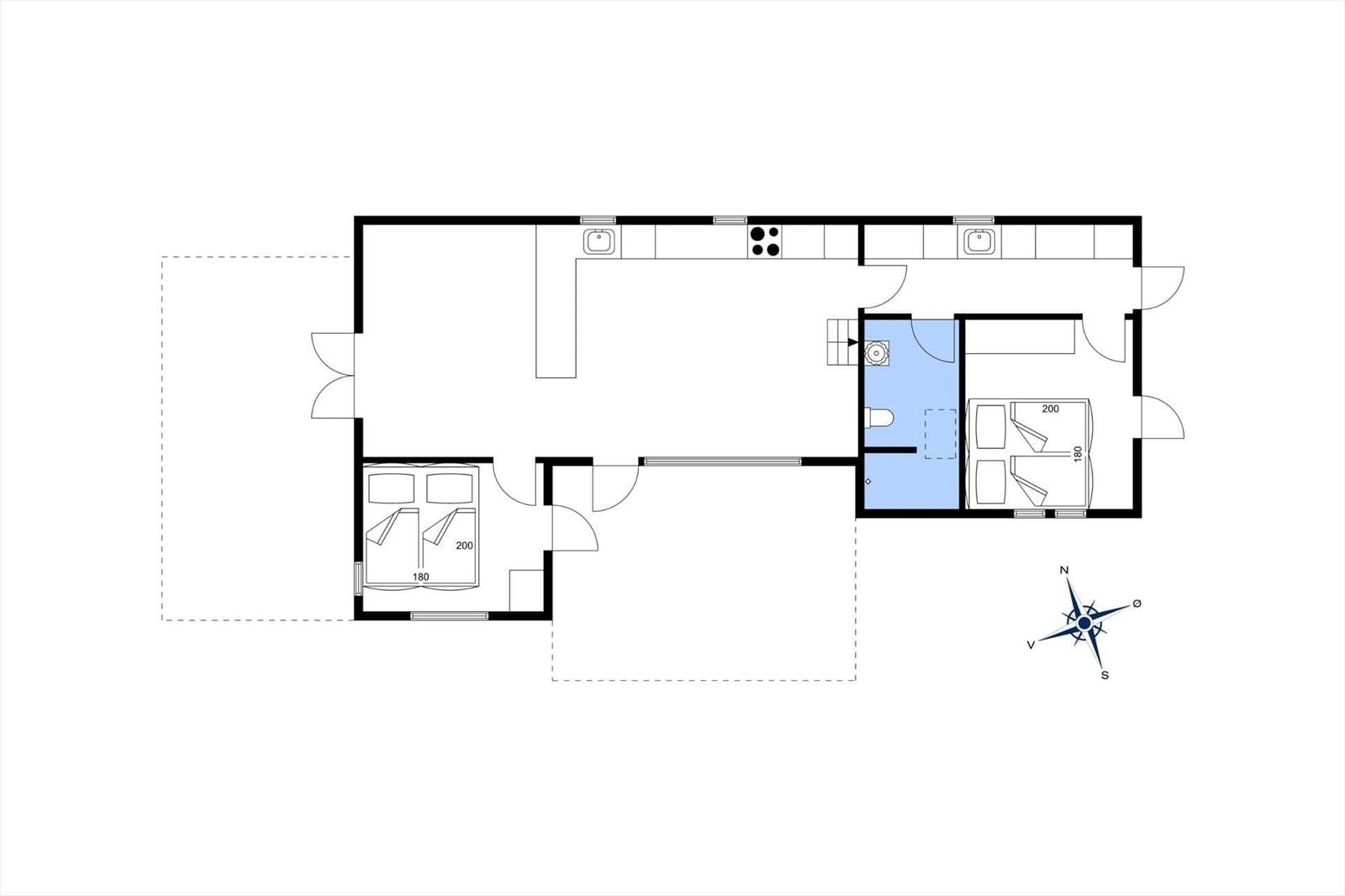Geschossplan zeigt zwei Schlafzimmer, Küche, Bad und Wohnbereich mit Kompass.