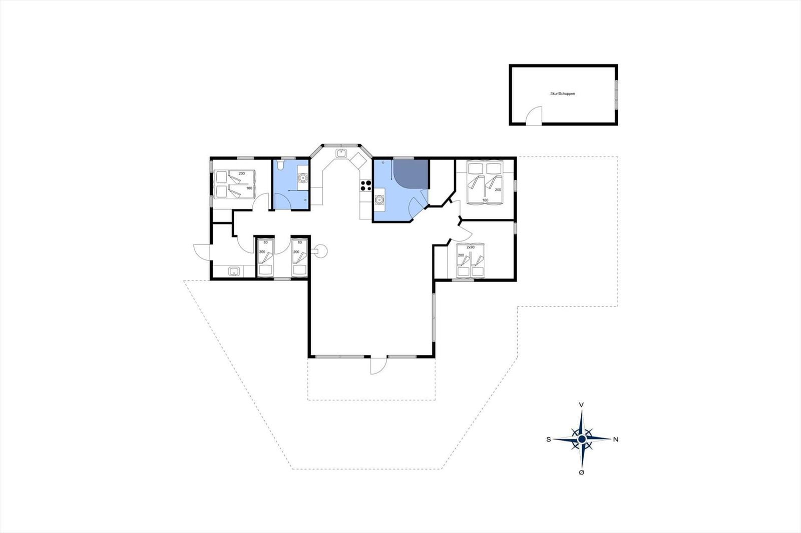 Floor plan showing layout with bedrooms, kitchen, bathrooms and storage space.