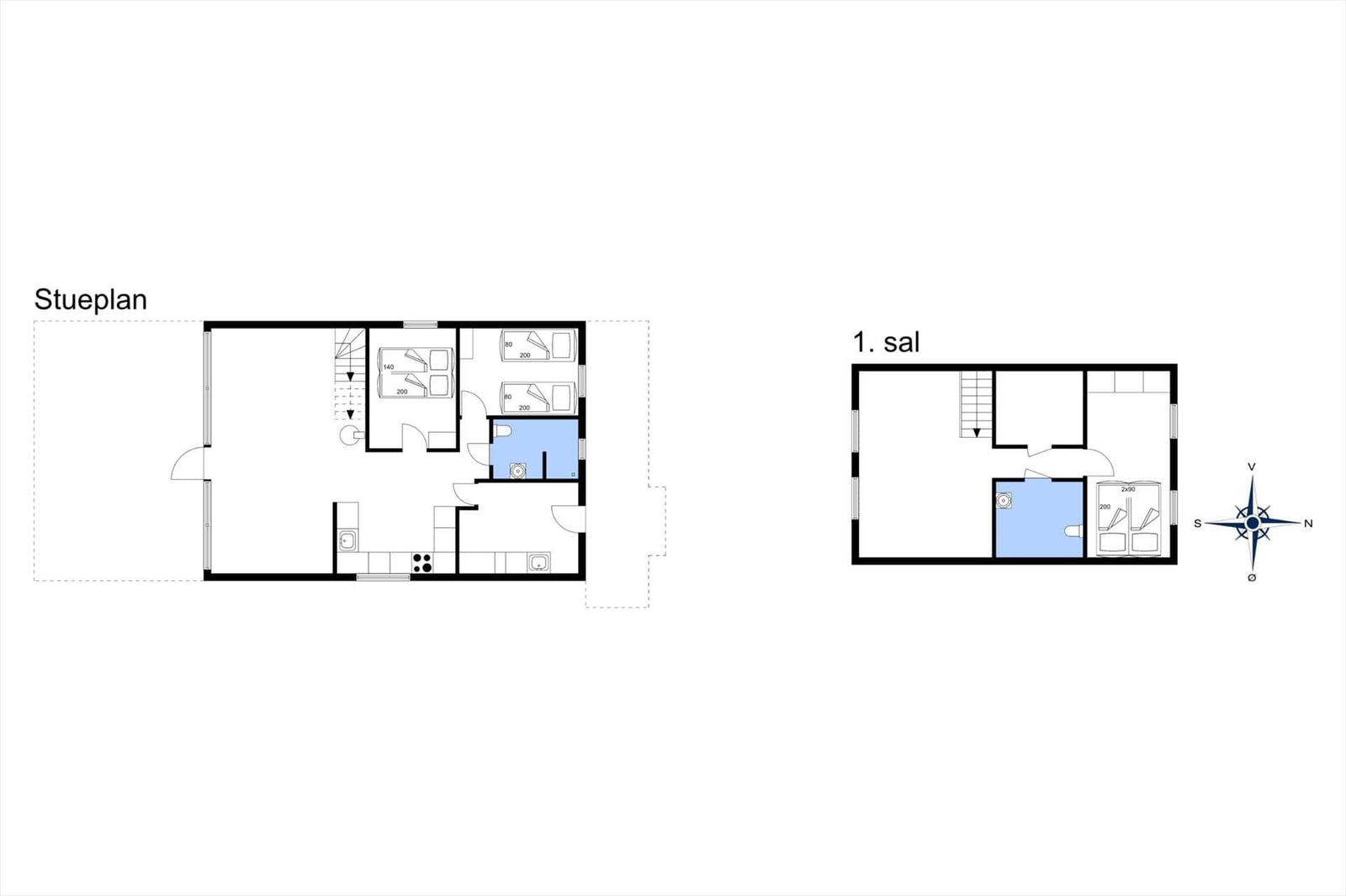 Stueplan und 1. Sal mit Raumbelegung und Orientierung