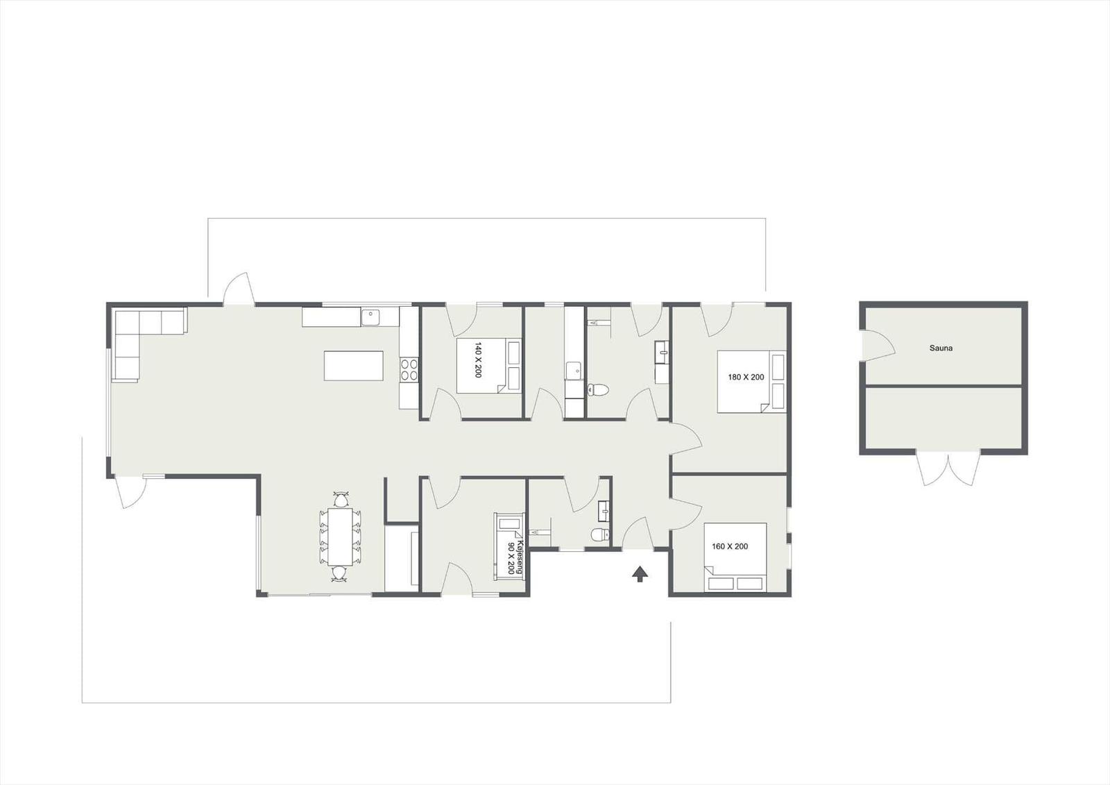 Wohnung mit drei Schlafzimmern, Küche, Bad und Sauna.