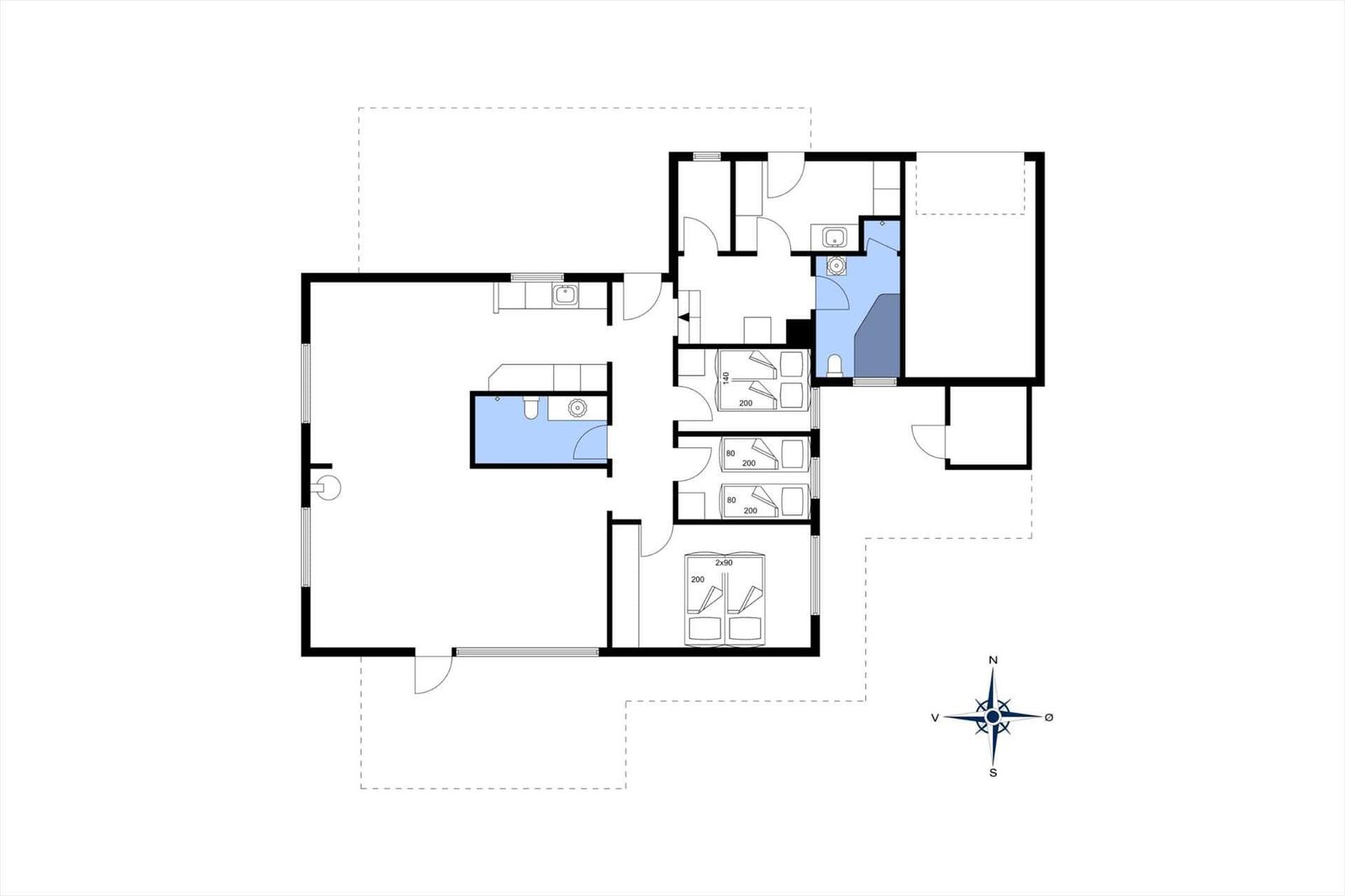 Grundriss einer Wohnung mit drei Schlafzimmern, Küche und Bad.