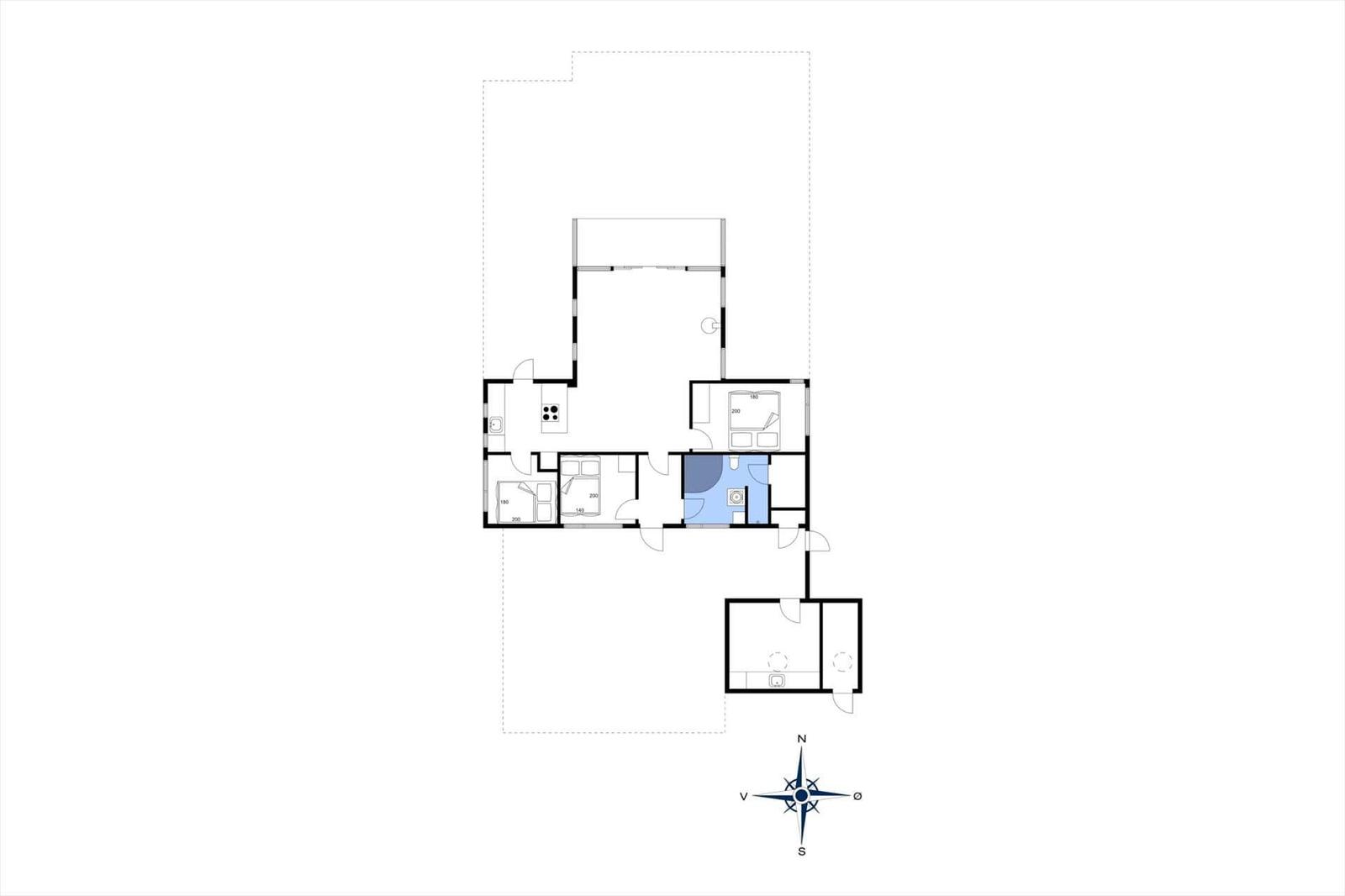 Dies ist das Grundrissbild einer Wohnung mit Küche, Schlafzimmer und Bad.