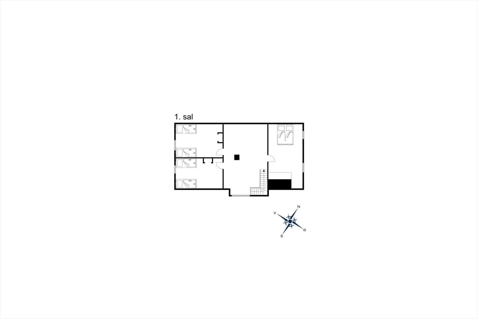 Erster Stockplan mit drei Schlafzimmern, einem Bad und einer Treppe.