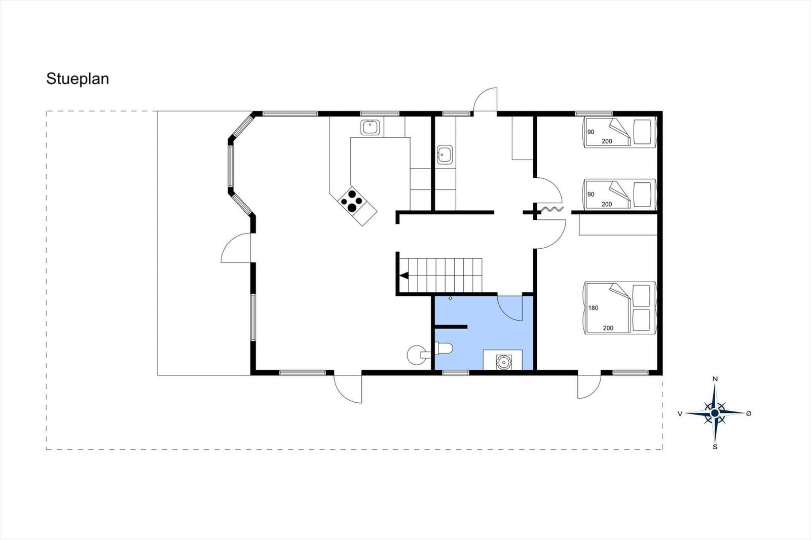 Stueplan zeigt Wohnfläche, Küche, Badezimmer und Schlafzimmer mit Maßen.