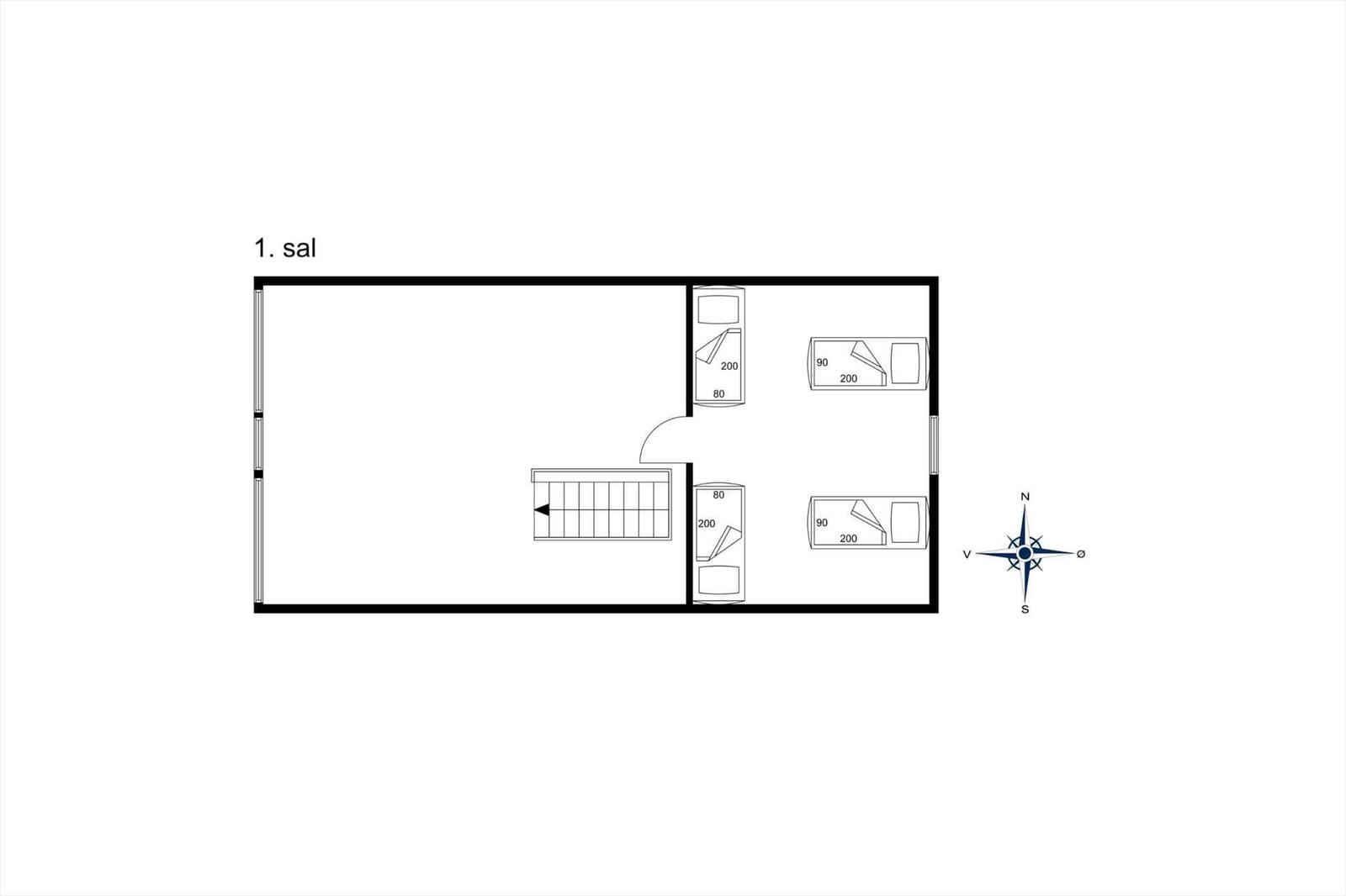 Erdgeschossplan mit Schlafzimmer, Bad und Küche.