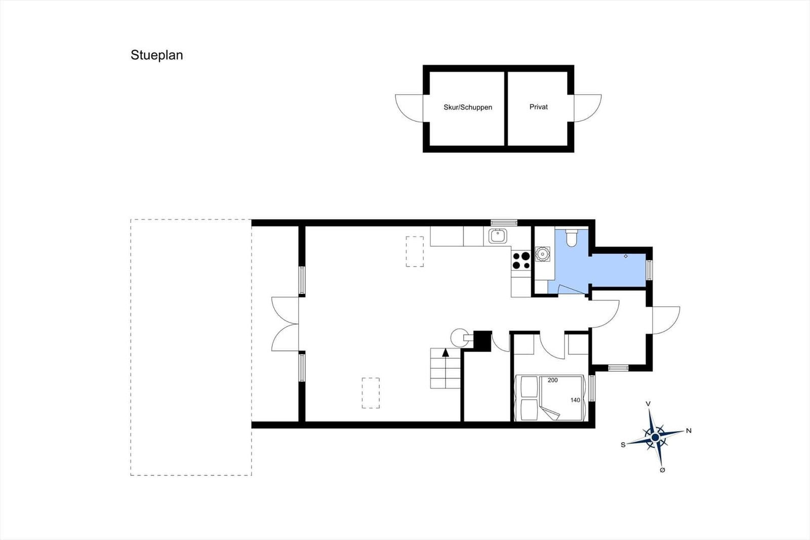 Stueplan zeigt Wohnfläche mit Küche, Bad und Schlafzimmer.