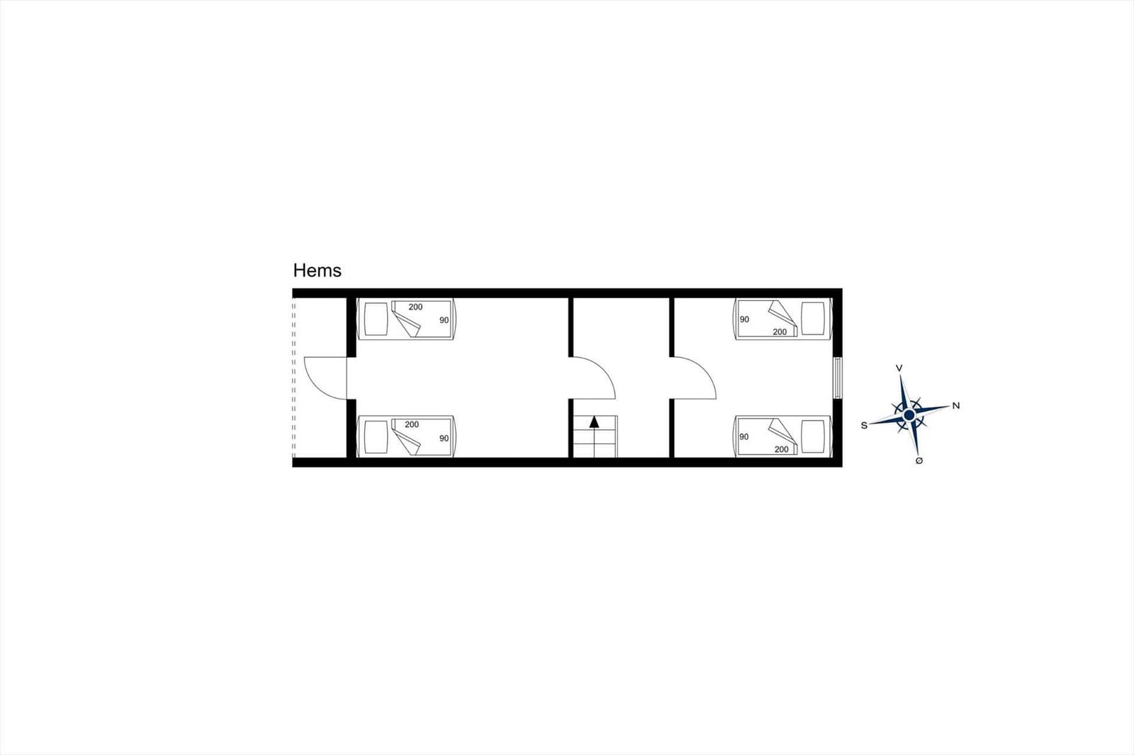 Flurplan von Hems mit vier Schlafzimmern und Treppe.
