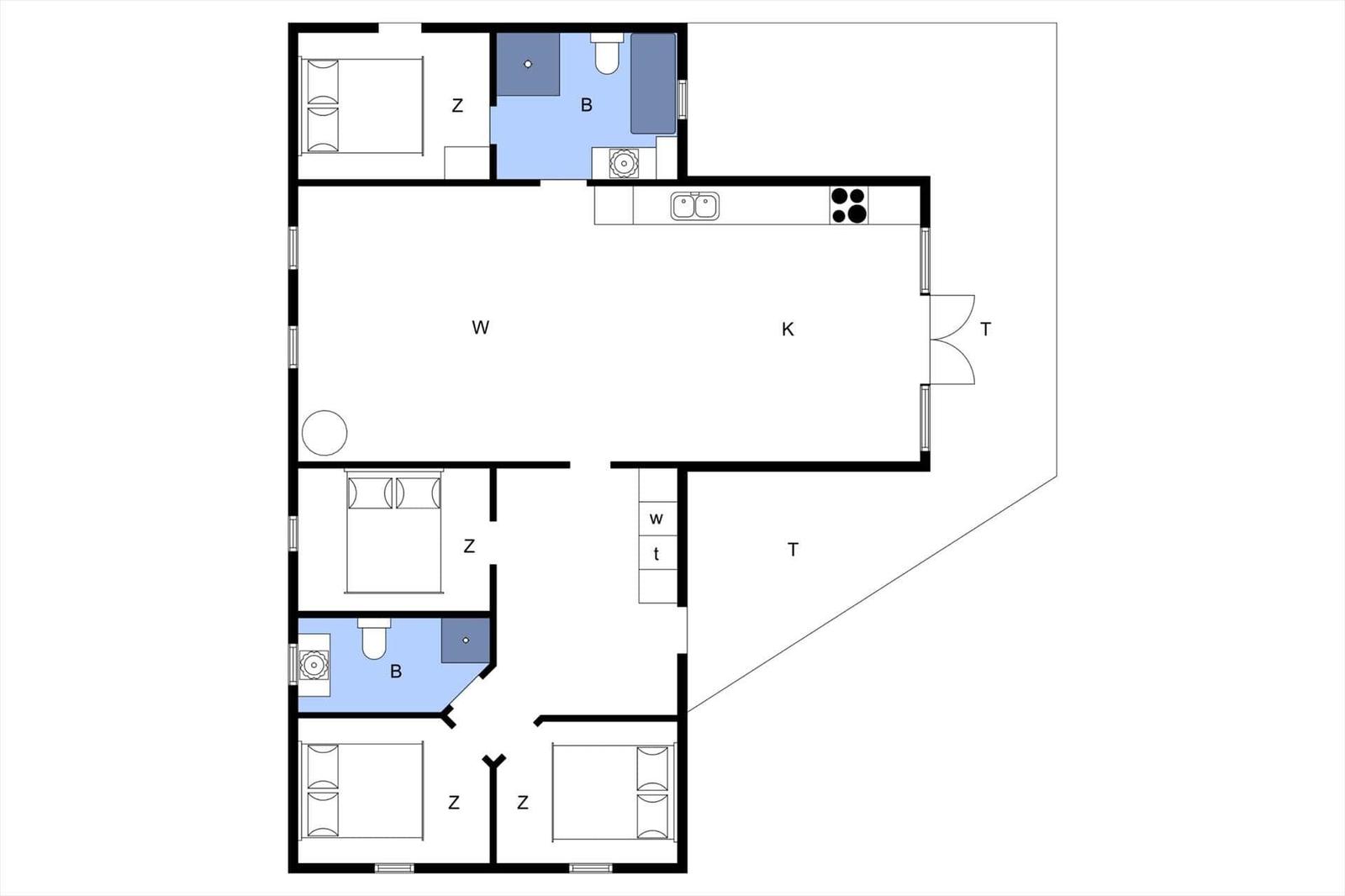 Wohnung mit Küche, zwei Schlafzimmern, Bad und Terrasse.