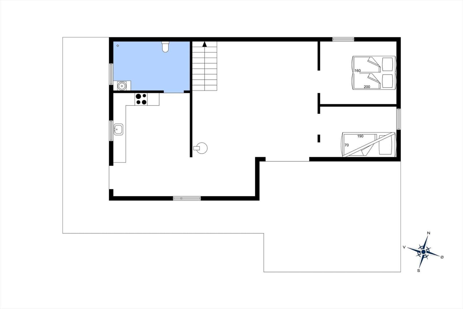 Funktionaler Grundriss mit Küche, Bad und Schlafzimmern.