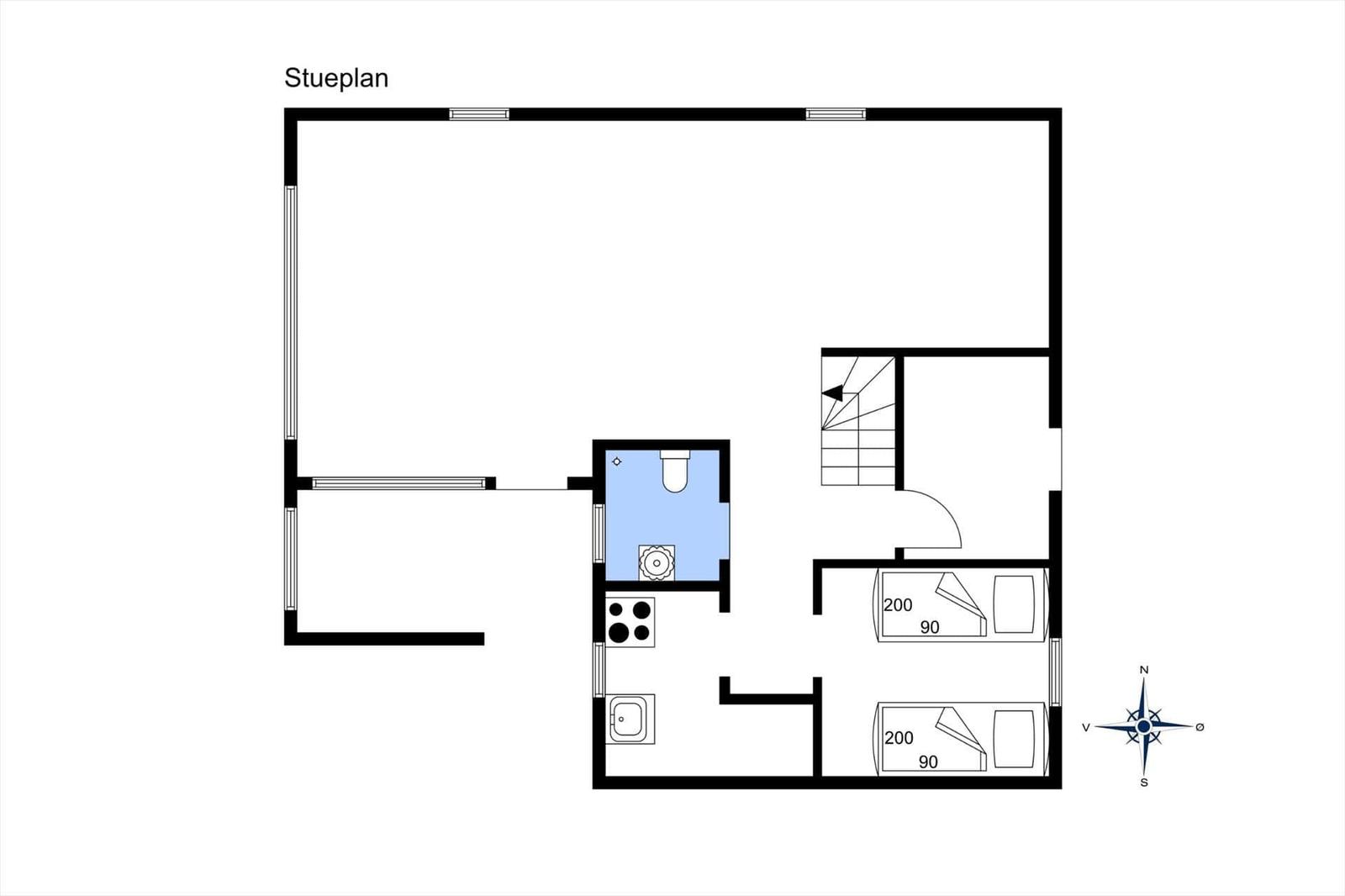 Stueplan zeigt zwei Schlafzimmer, Küche, Bad und Treppe.