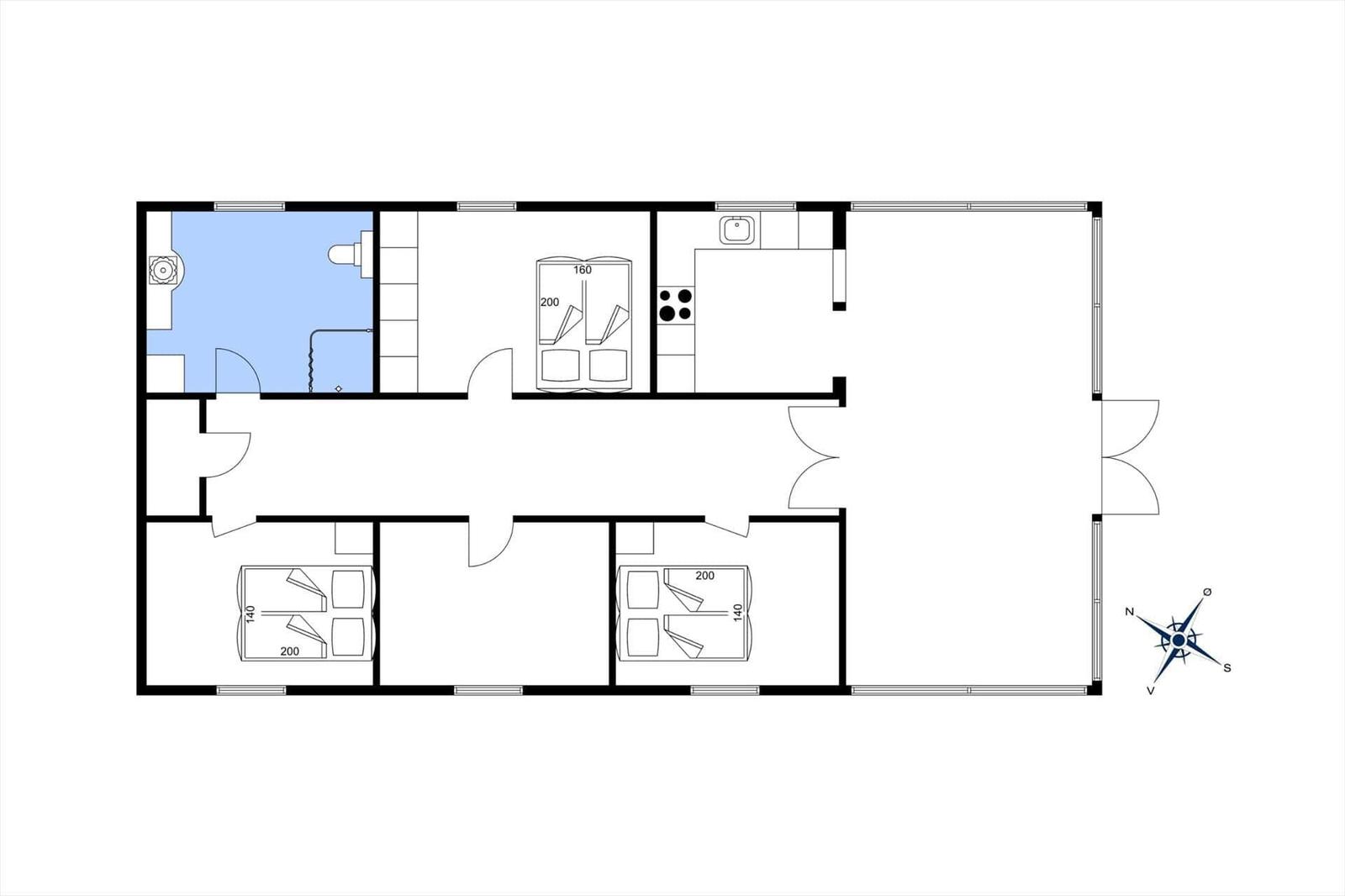 Gesamtplan einer Wohnung mit Küche, Bad und zwei Schlafzimmern.