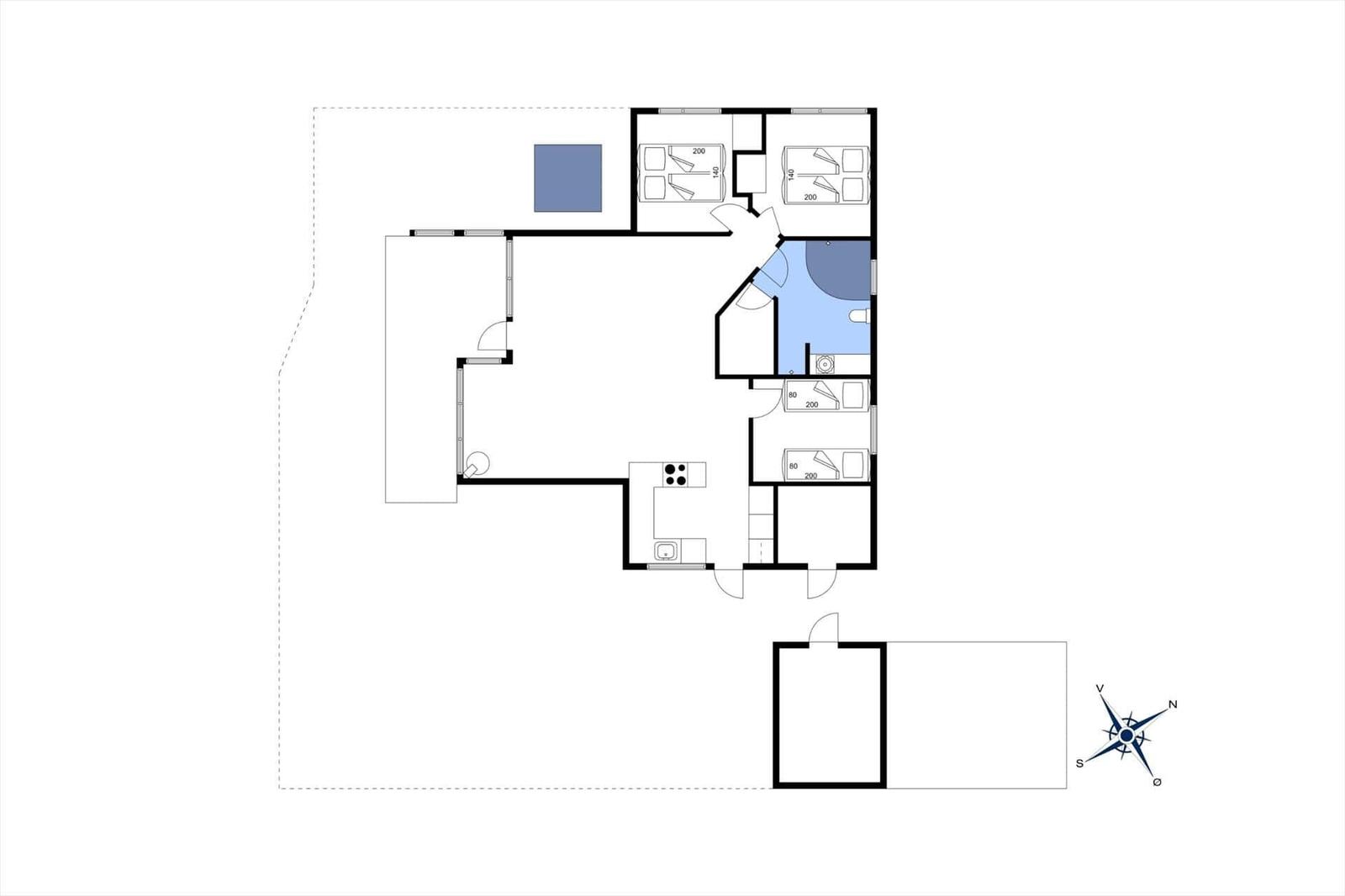 Funktionaler Grundriss mit Küche, Schlafzimmer und Bad.