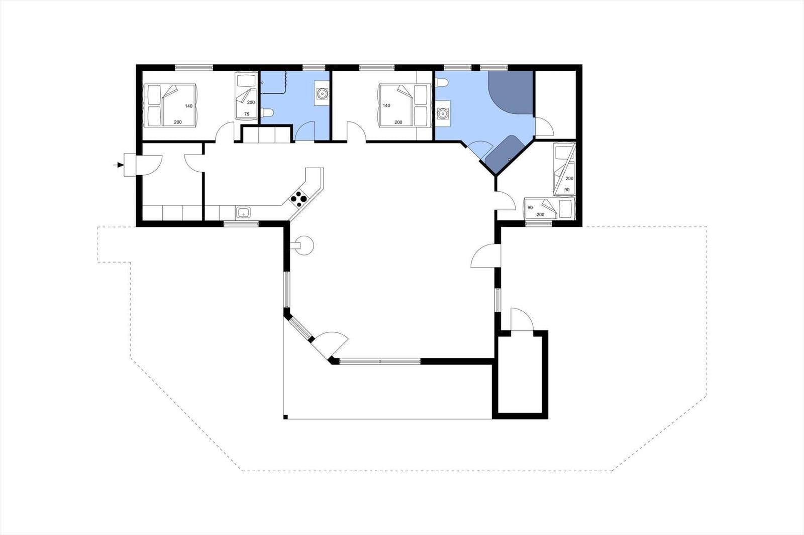 Die Wohnung hat drei Schlafzimmer, zwei Bäder und eine Küche mit Essbereich.