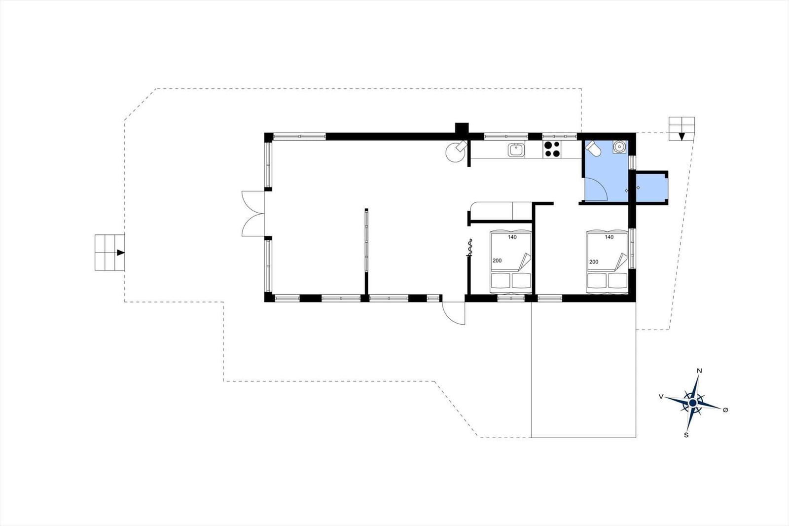 Apartment with two bedrooms, kitchen, and bathroom. Hallway with doors to all rooms.