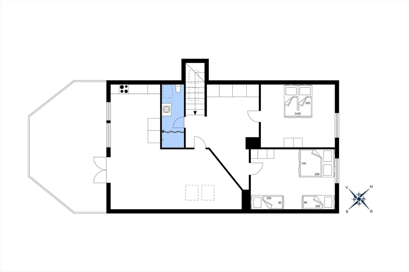 Funktionaler Grundriss mit Küche, Bad, Schlafzimmer und Wohnbereich.