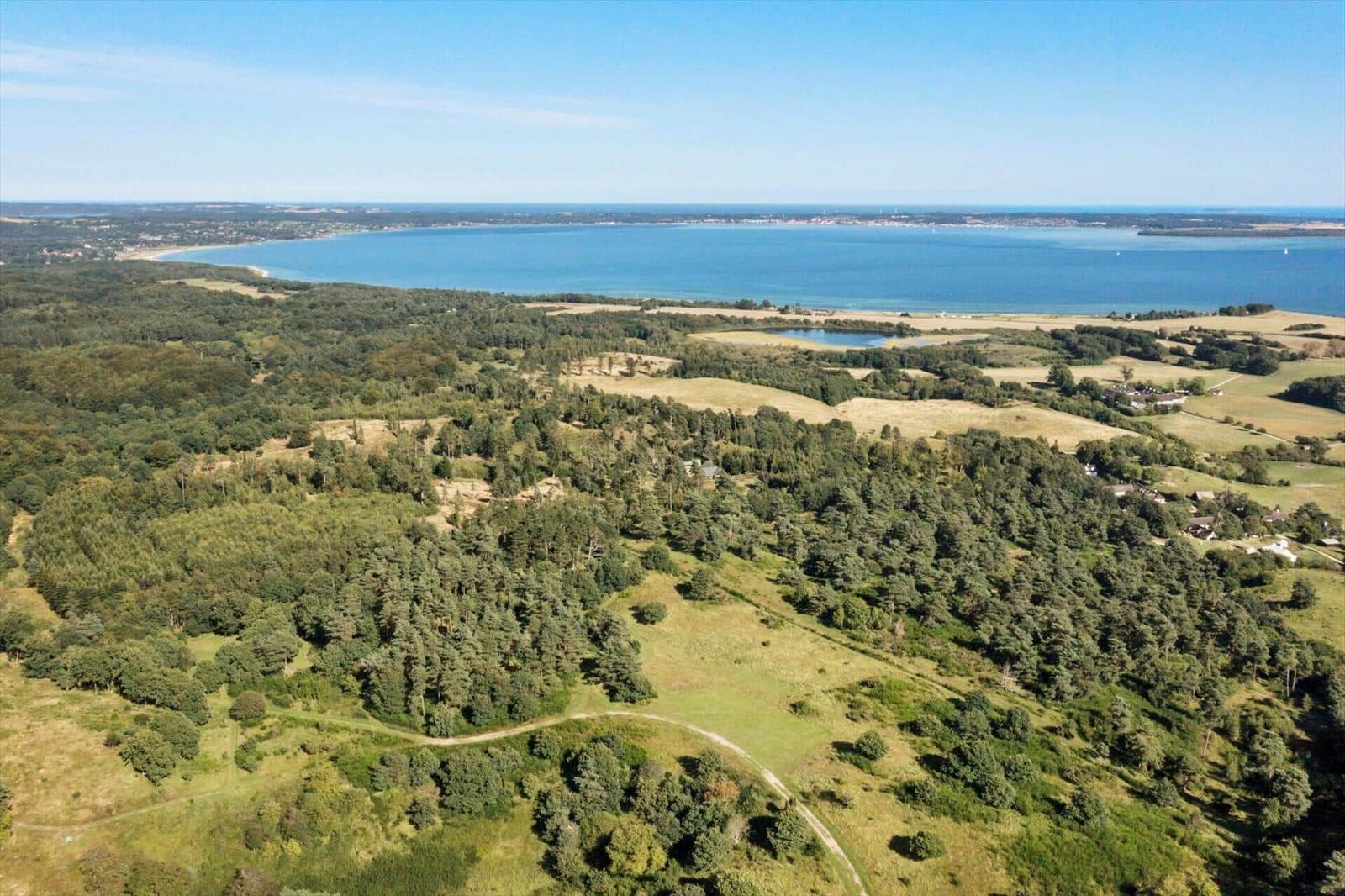 Ländliche Aussicht auf Wald, Wiesen und Meer