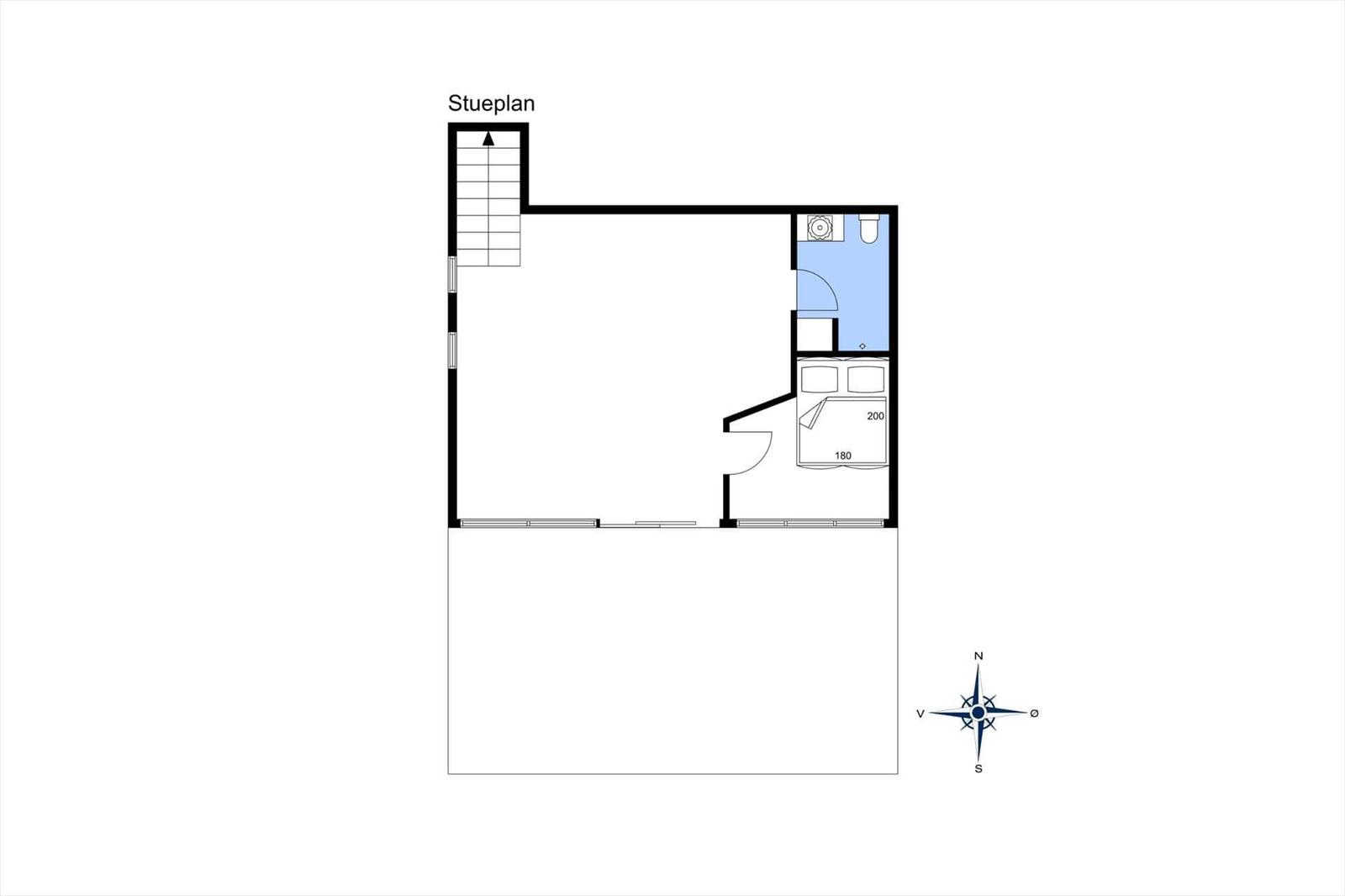 Stueplan zeigt Schlafzimmer, Bad und Zugang. Richtung nach Norden.
