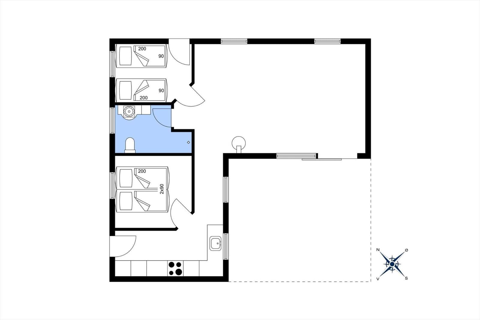 Wohnung mit drei Schlafzimmern, Bad und Küche. Großer Wohnbereich.